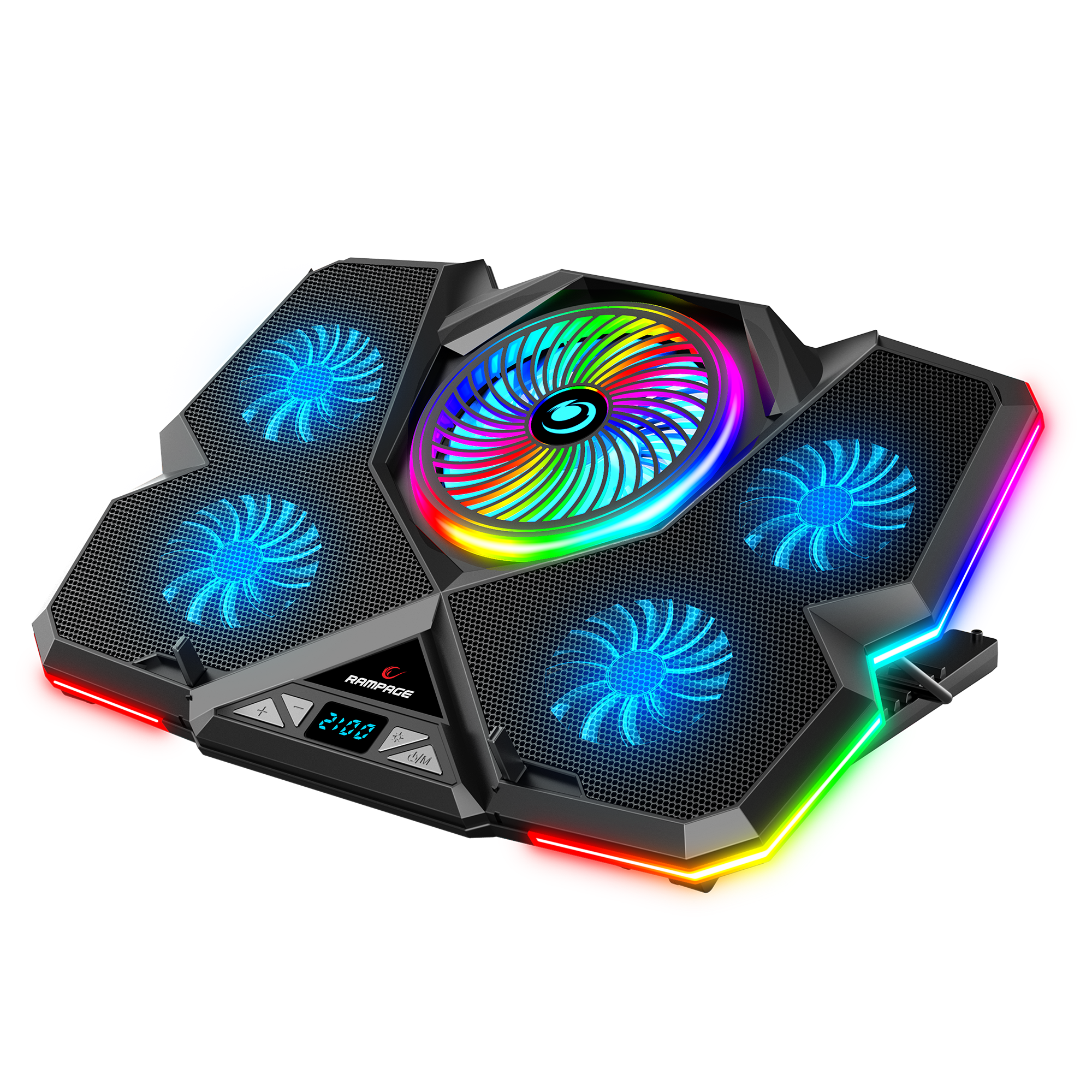 Breeze S50 Telefon Tutuculu 5 Fanlı RGB Işıklı Yükseklik Ayarlı LCD Göstergeli Notebook Soğutucu - Rampage