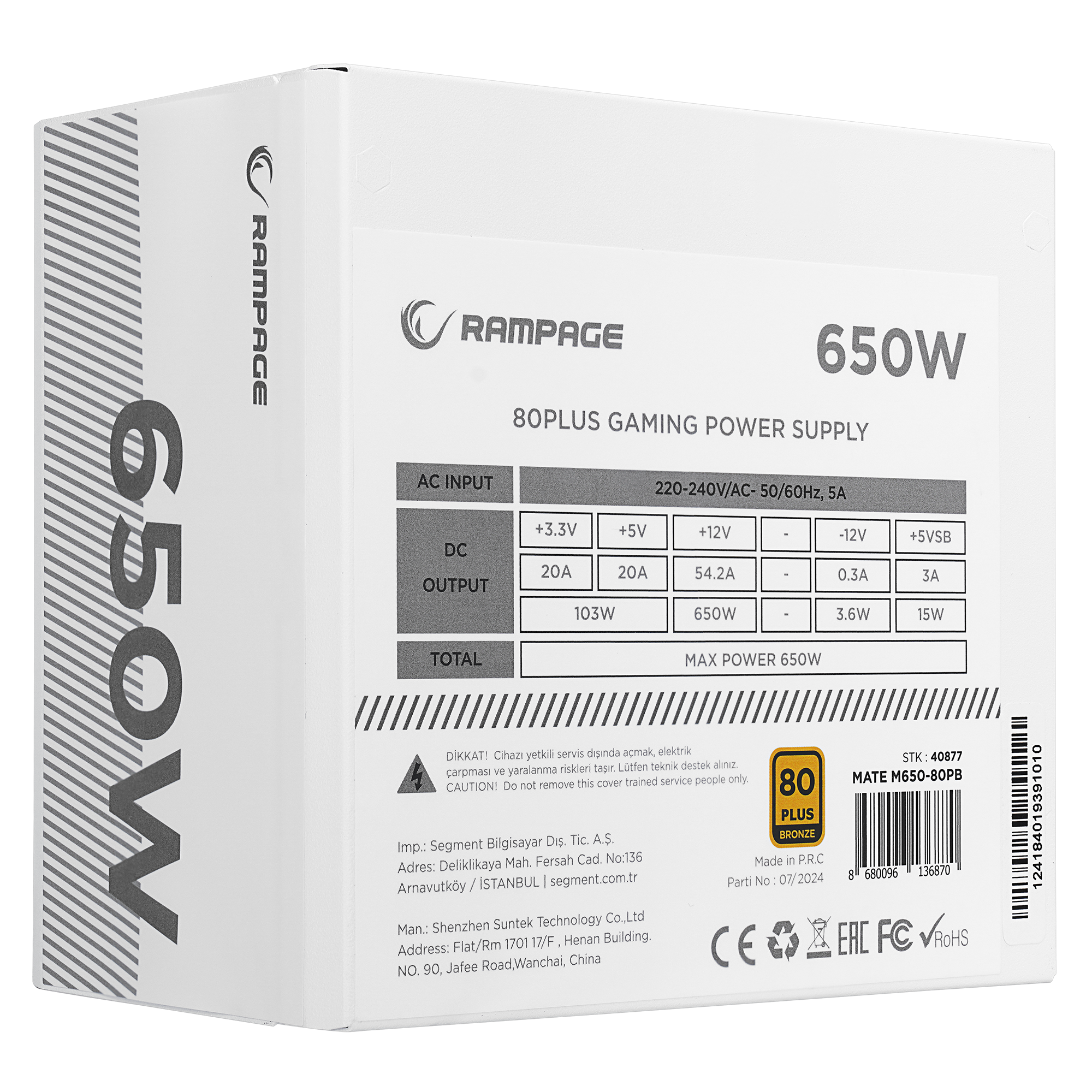 MATE M650- 650W Full Modular 80 Plus Bronze Aktif PFC Beyaz Power Supply - Rampage