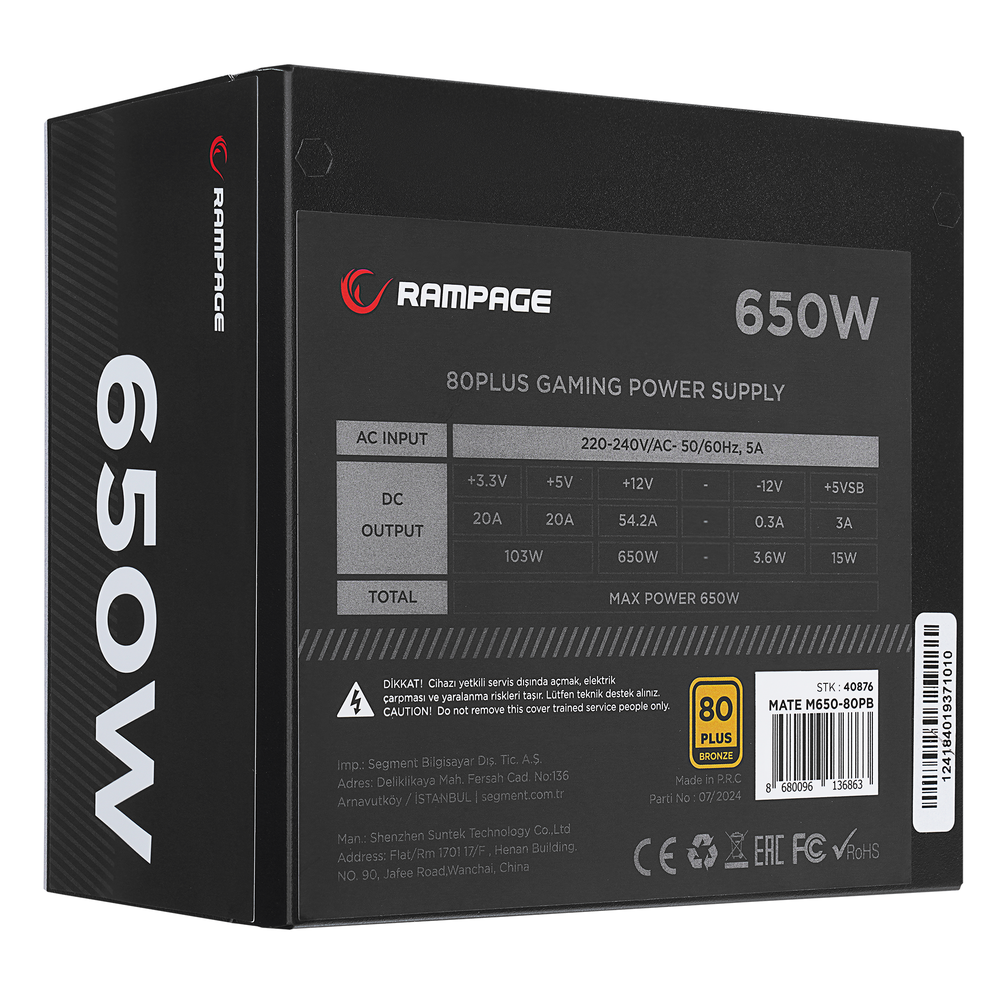 MATE M650-650W Full Modular 80 Plus Bronze Aktif PFC Siyah Power Supply - Rampage