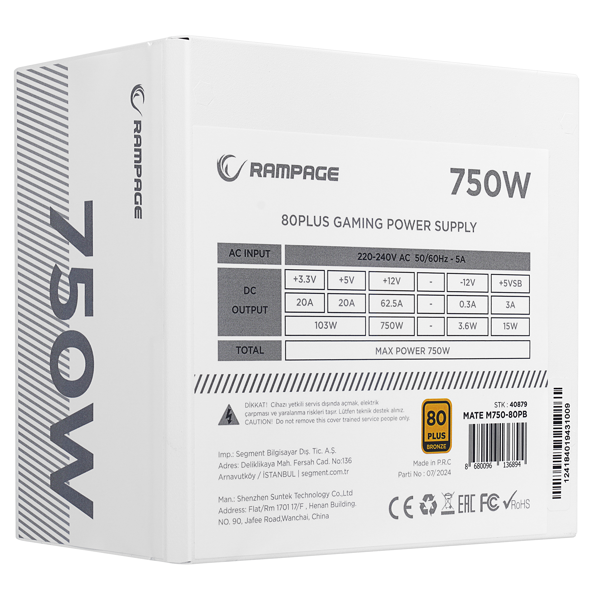 MATE M750-80PB 750W 12cm Fan Full Modular 80 Plus Bronze Aktif PFC Beyaz Power Supply - Rampage