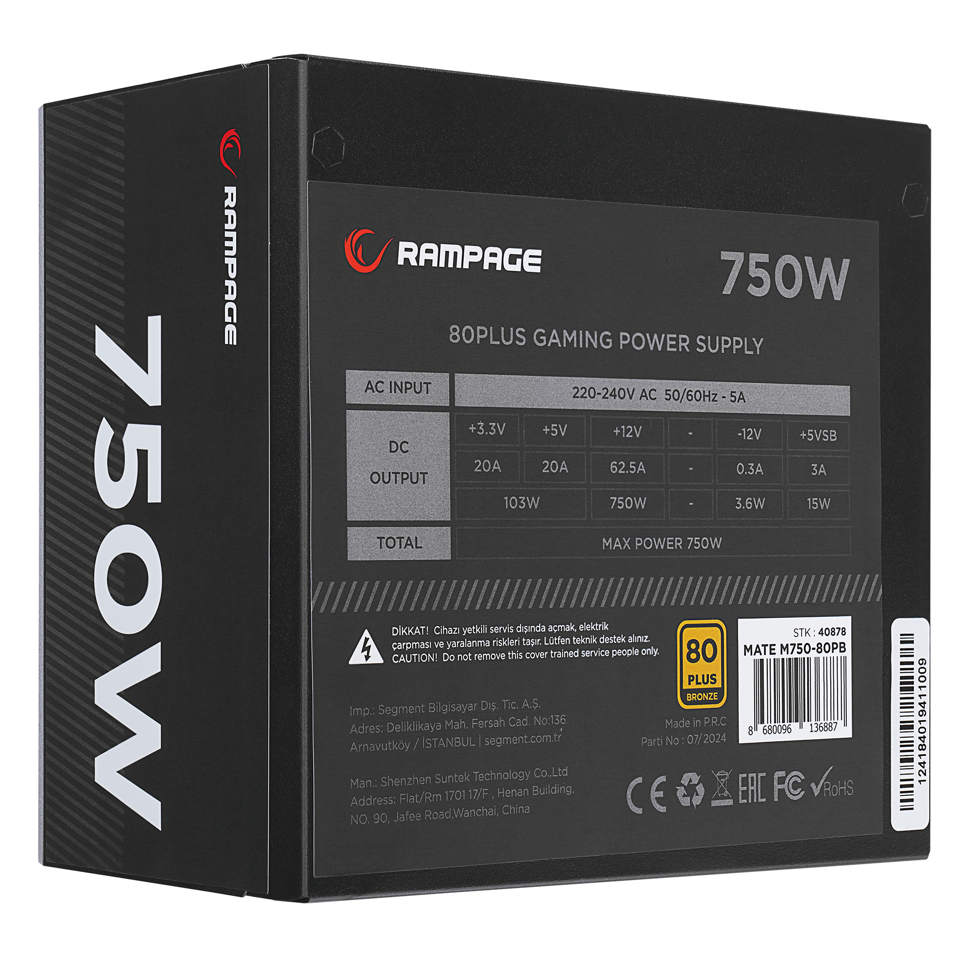 MATE M750-80PB 750W 12cm Fan Full Modular 80 Plus Bronze Aktif PFC Siyah Power Supply