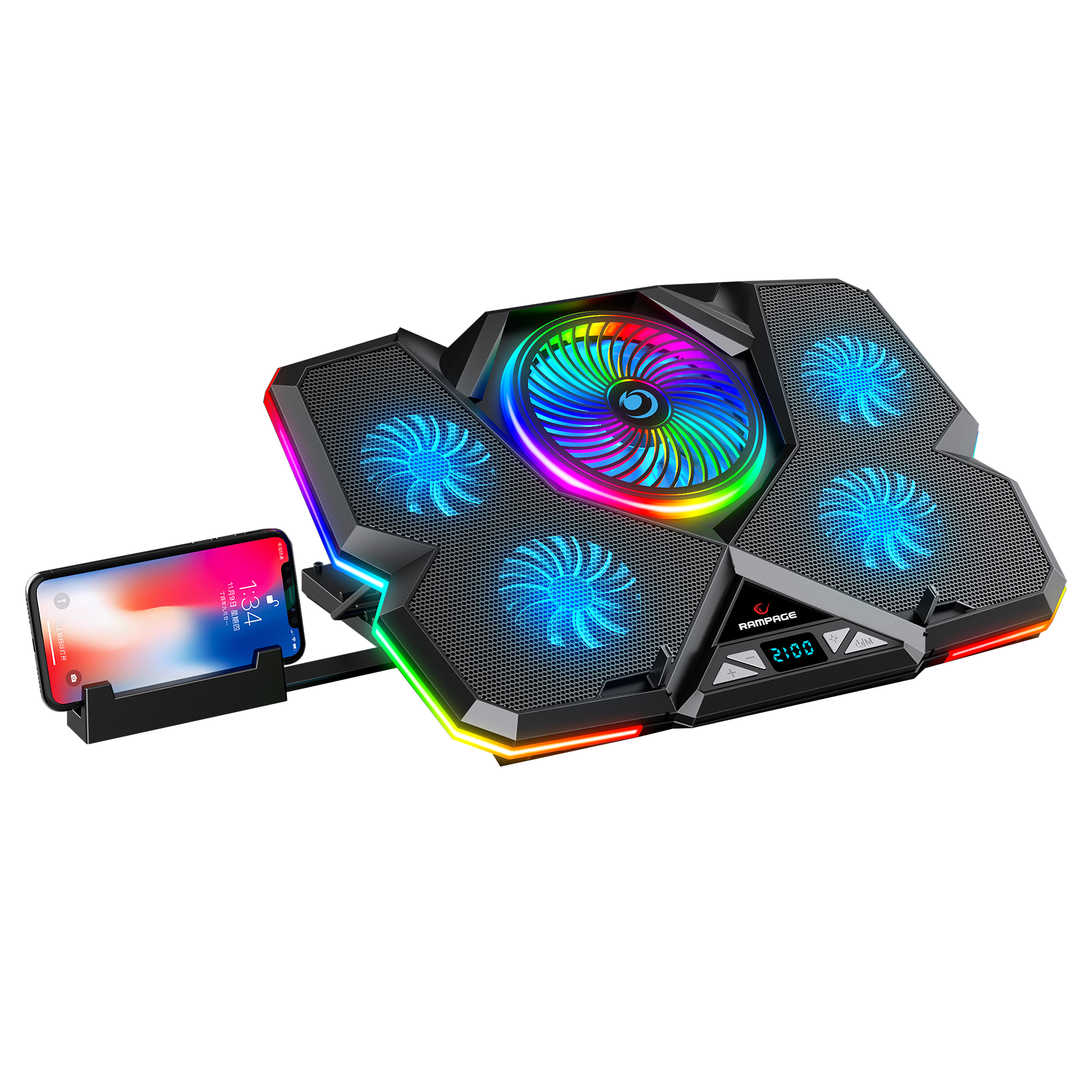 Breeze S50 Telefon Tutuculu 5 Fanlı RGB Işıklı Yükseklik Ayarlı LCD Göstergeli Notebook Soğutucu - Rampage