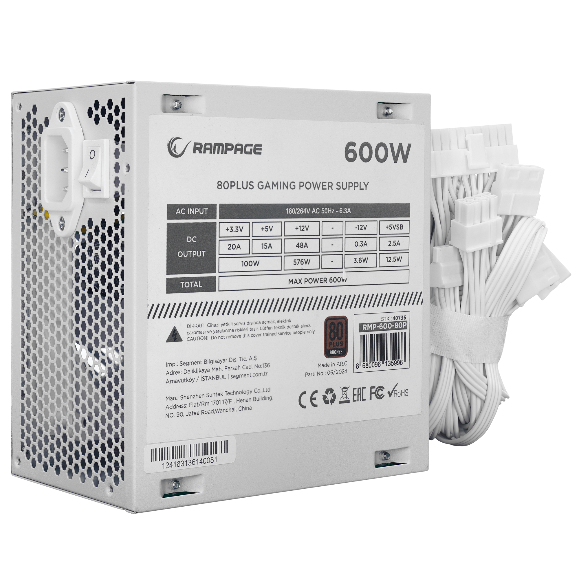 RMP-600-80P 600W 80Plus Bronze 12cm Fan Aktif PFC Beyaz Power Supply - Rampage