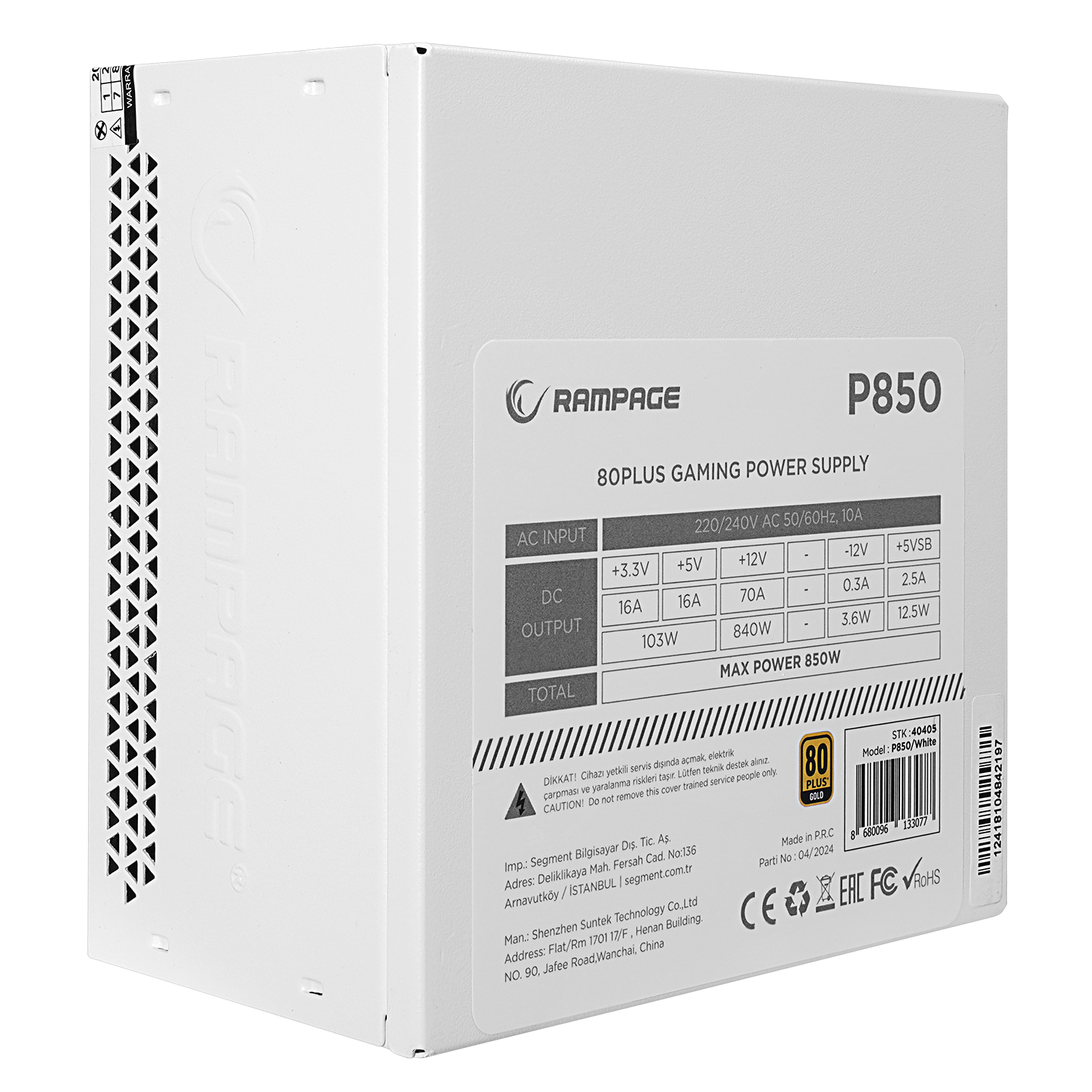 P850 850W 80+ GOLD APFC Beyaz PC Power Supply - Rampage