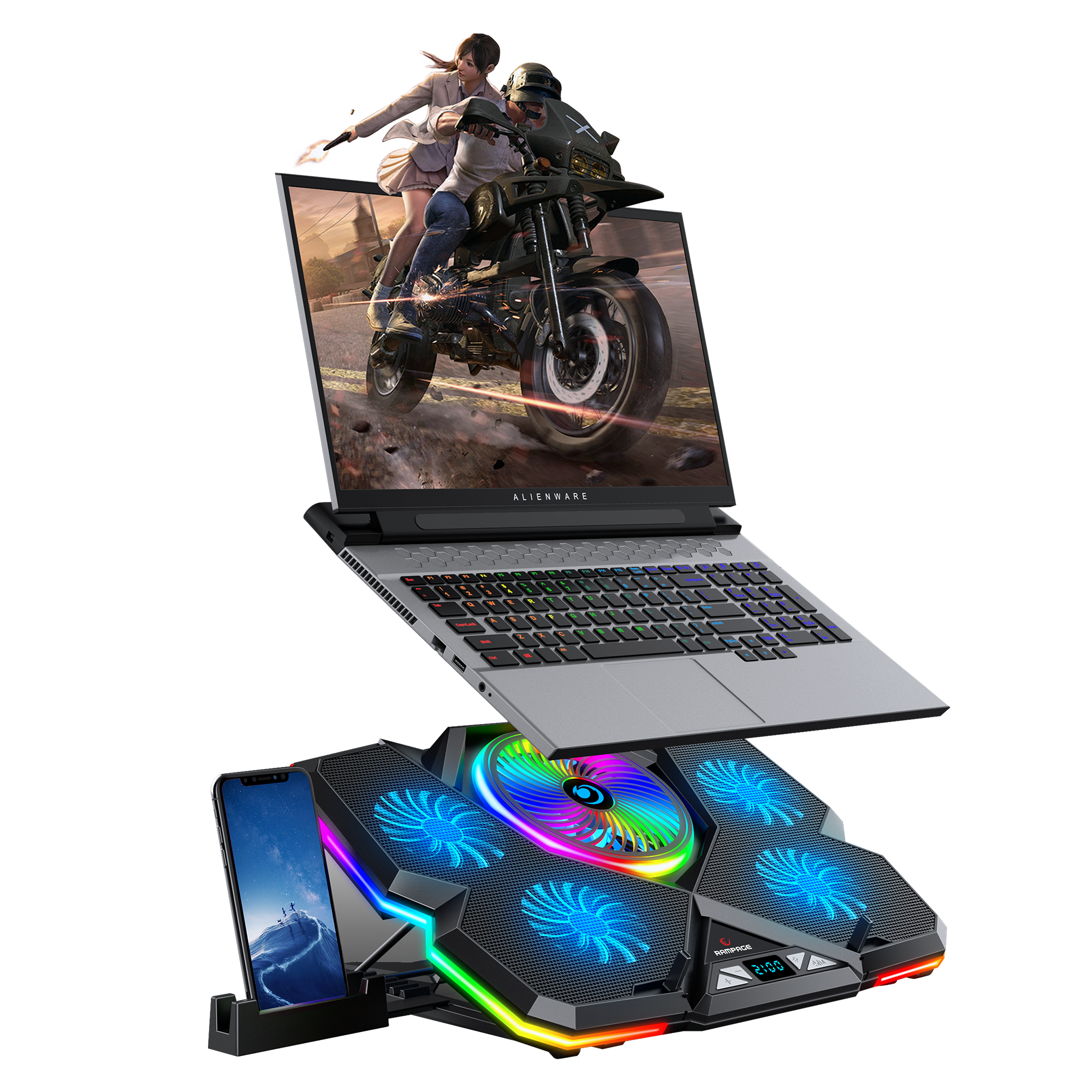 Breeze S50 Telefon Tutuculu 5 Fanlı RGB Işıklı Yükseklik Ayarlı LCD Göstergeli Notebook Soğutucu - Rampage