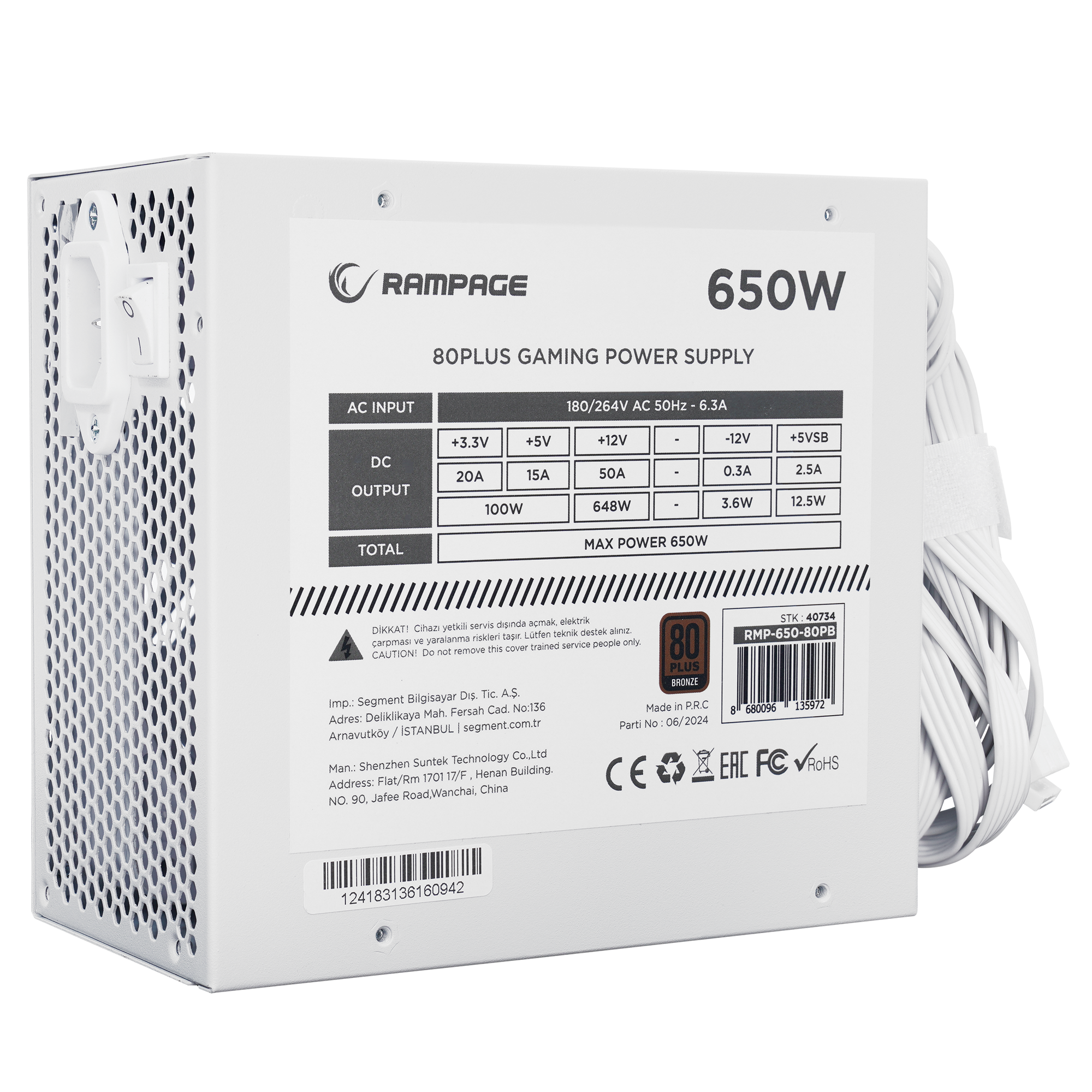 RMP-650-80PB 650W 14cm Fan 80 Plus Bronze Aktif PFC Beyaz Power Supply - Rampage