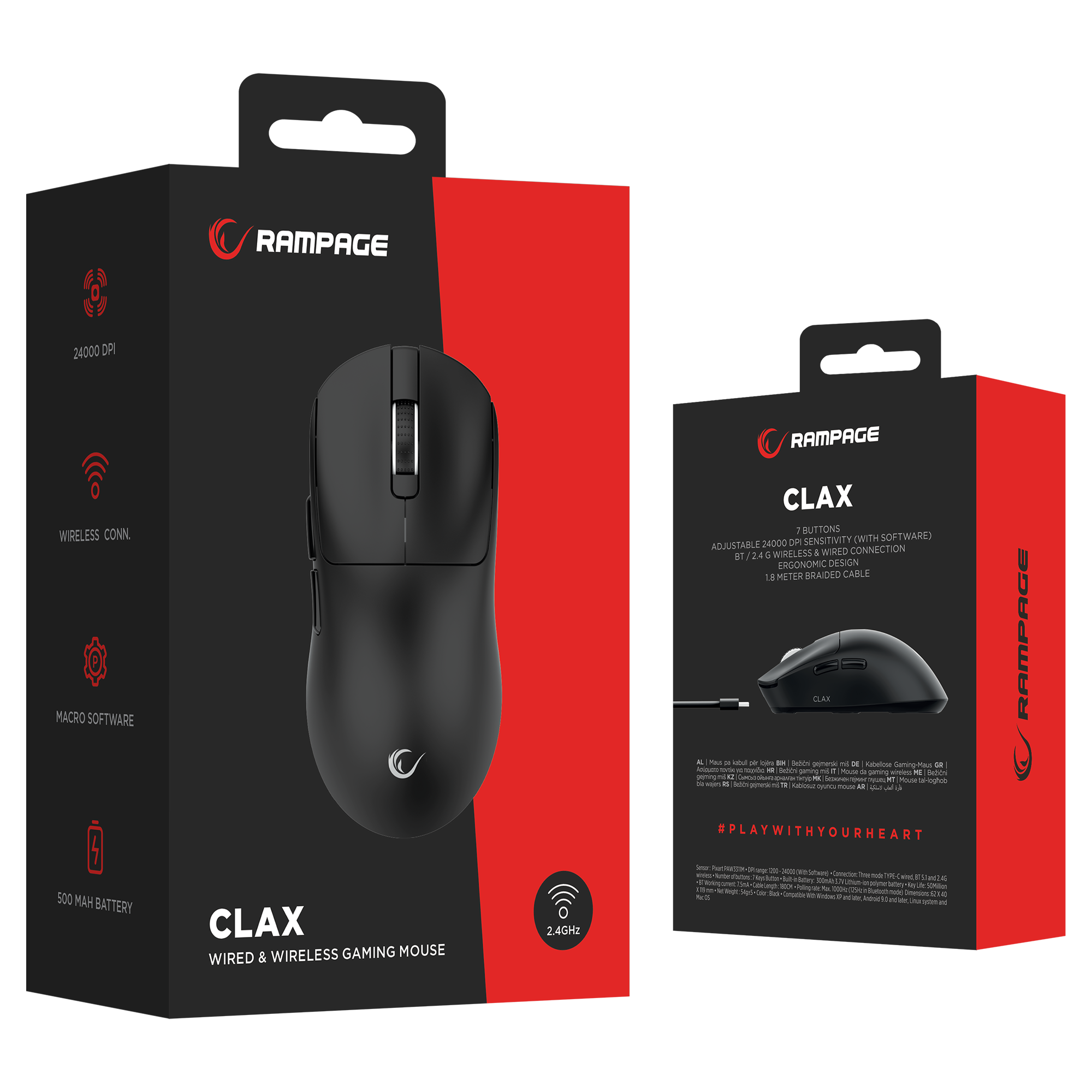 CLAX Siyah Kablosuz Ultra Hafif Şarjlı 3311 Sensor 24000 DPI Gaming Oyuncu Mouse