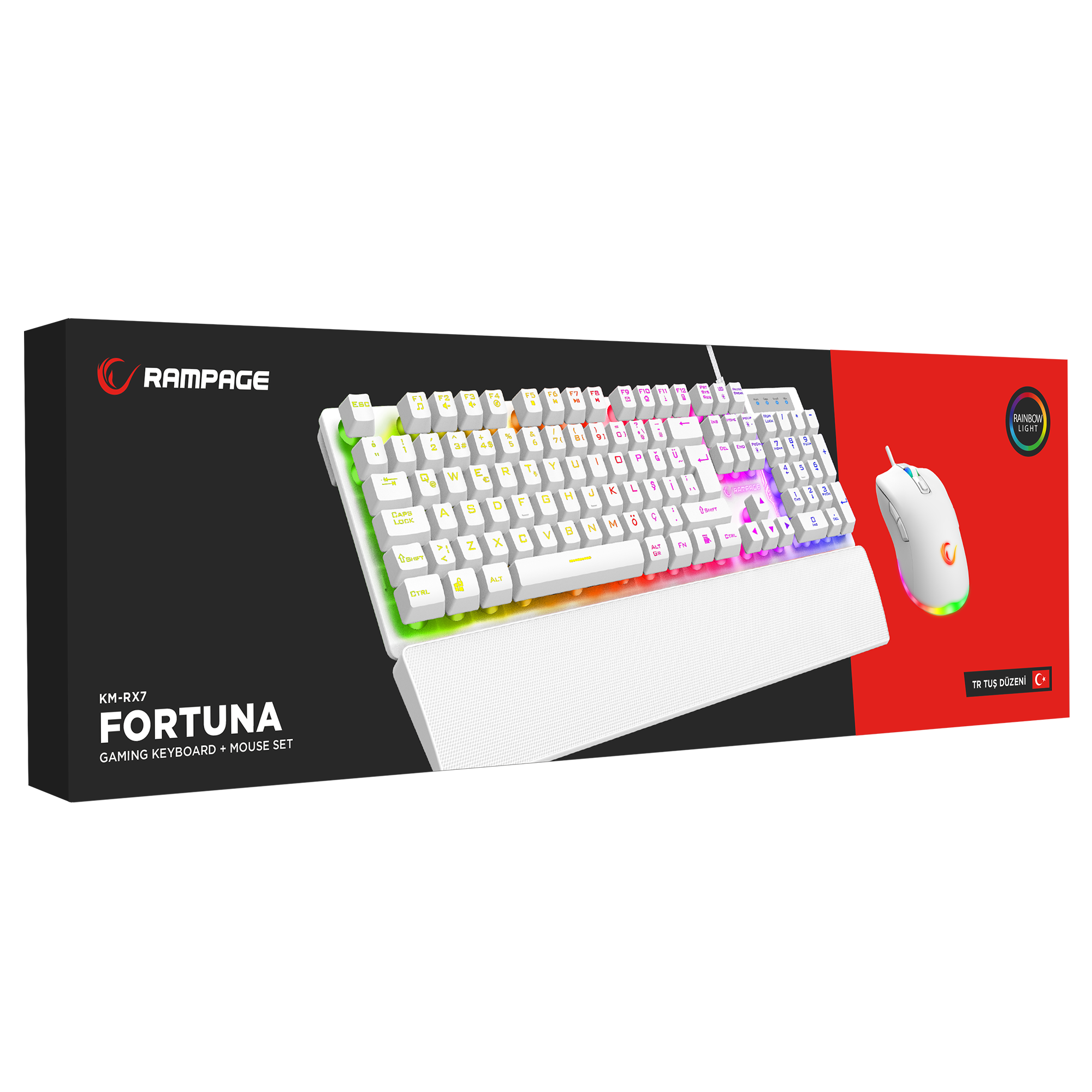 KM-RX7 FORTUNA V2 Beyaz Gaming Combo Q Gaming Klavye + 12800 dpi Mouse - Rampage