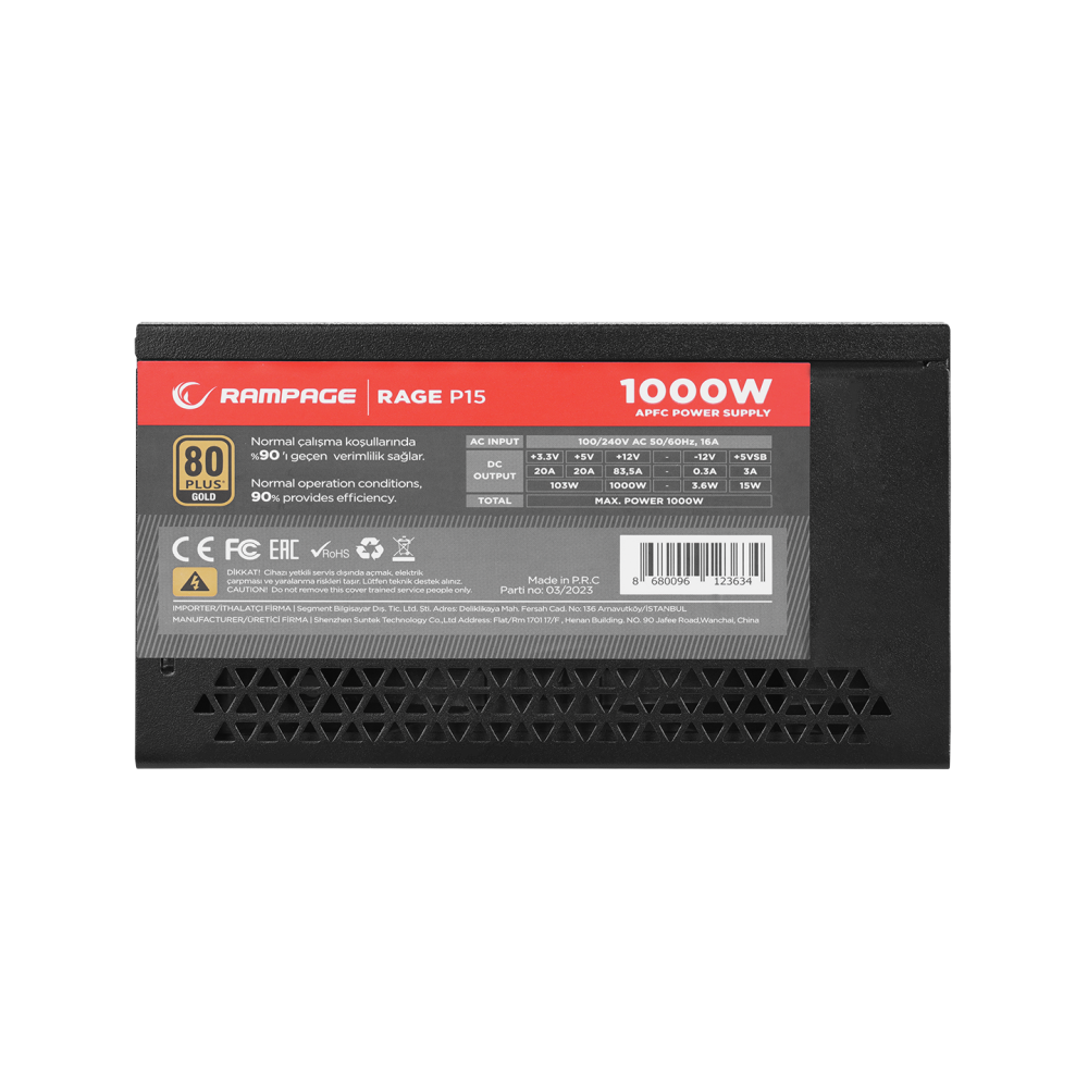 RAGE P15 1000W 80+ GOLD APFC 14cm HDB Fan FULL-MODULER ATX3.0+PCIe5.0 Siyah Gaming Power Supply