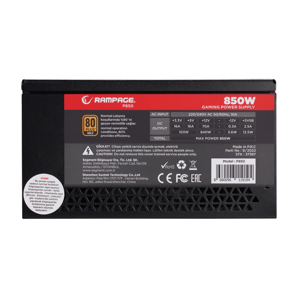 P850 850W 80+ GOLD APFC 14cm Long Life HDB Fan Siyah PC Power Supply - Rampage