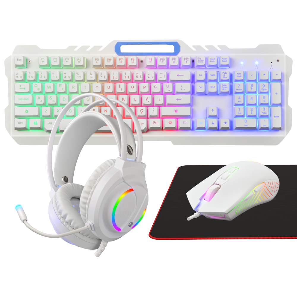 FITMENT KM-GX7 Gökkuşağı Aydınlatmalı Beyaz USB Gaming Combo Mouse + Mousepad + Kulaklık Q Gaming Klavye +