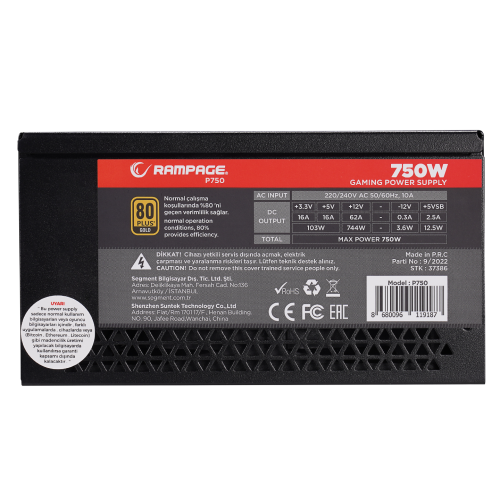 P750 750W 80+ GOLD APFC 14cm Long Life HDB Fan Siyah PC Power Supply - Rampage