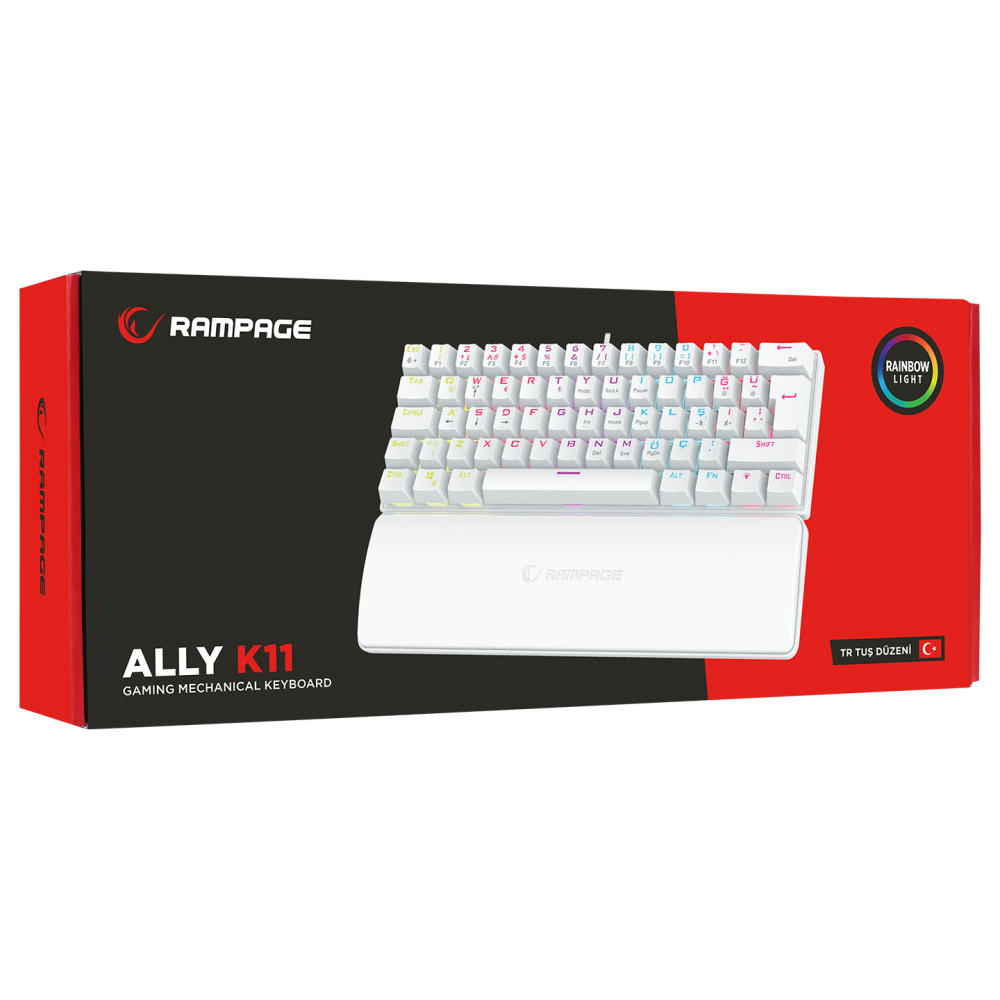 ALLY K11 Beyaz Rainbow Q Bilek Destekli Blue Switch Gaming Oyuncu Klavye - Rampage