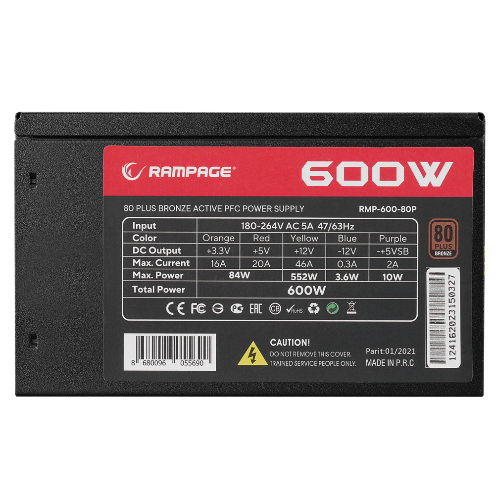 RMP-600-80P 600W 80Plus Bronze 12cm Fan Aktif PFC Power Supply - Rampage