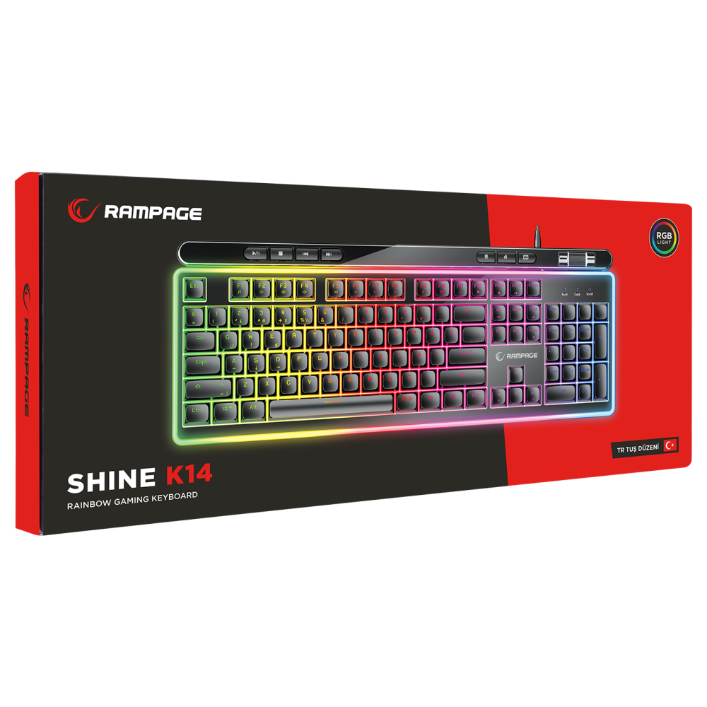 SHINE K14 Siyah USB RGB Backlight Membrane Gaming Oyuncu Klavye - Rampage