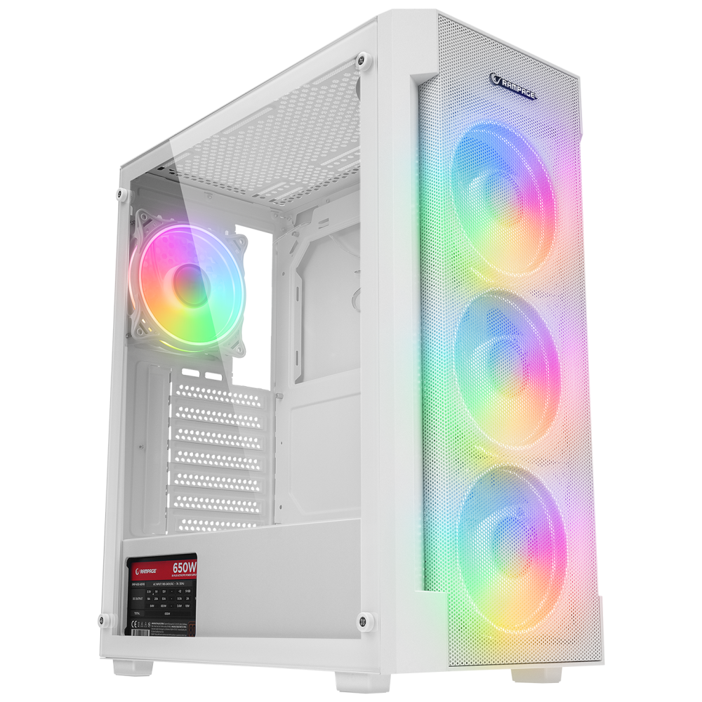 VIGILANT Mesh 650W 80+ BRONZE Beyaz Temperli Camlı 4x12cm RGB Fan ATX Mid-T Gaming Oyuncu Kasası - Rampage