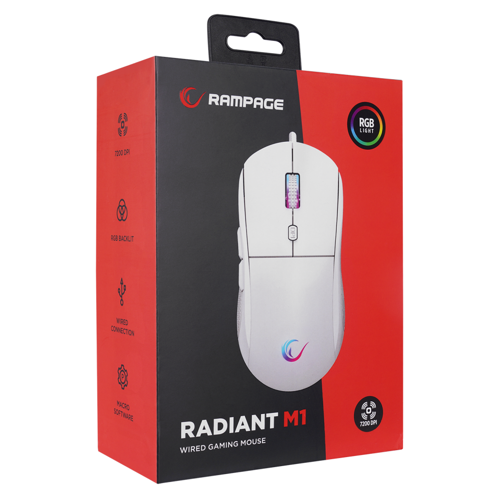 RADIANT M1 Makrolu Beyaz 7200 dpi RGB Aydınlatmalı Gaming Oyuncu Mouse - Rampage