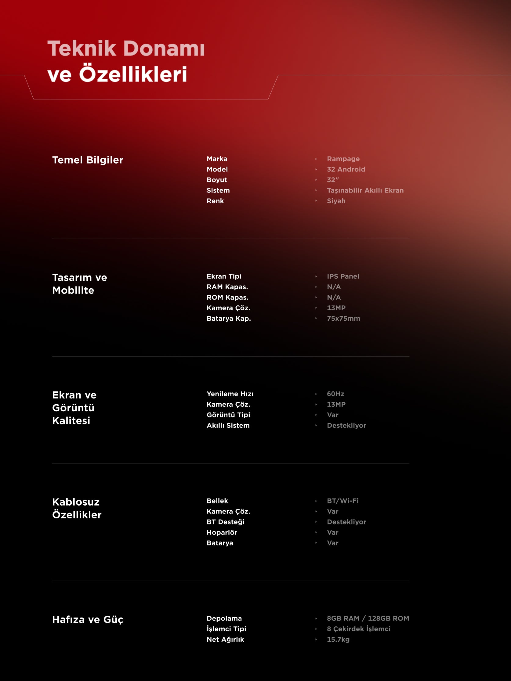 Rampage LD32FH8183MT 32'' 80 Ekran FHD IPS Android 13.0 Dokunmatik Smart Taşınabilir Monitör