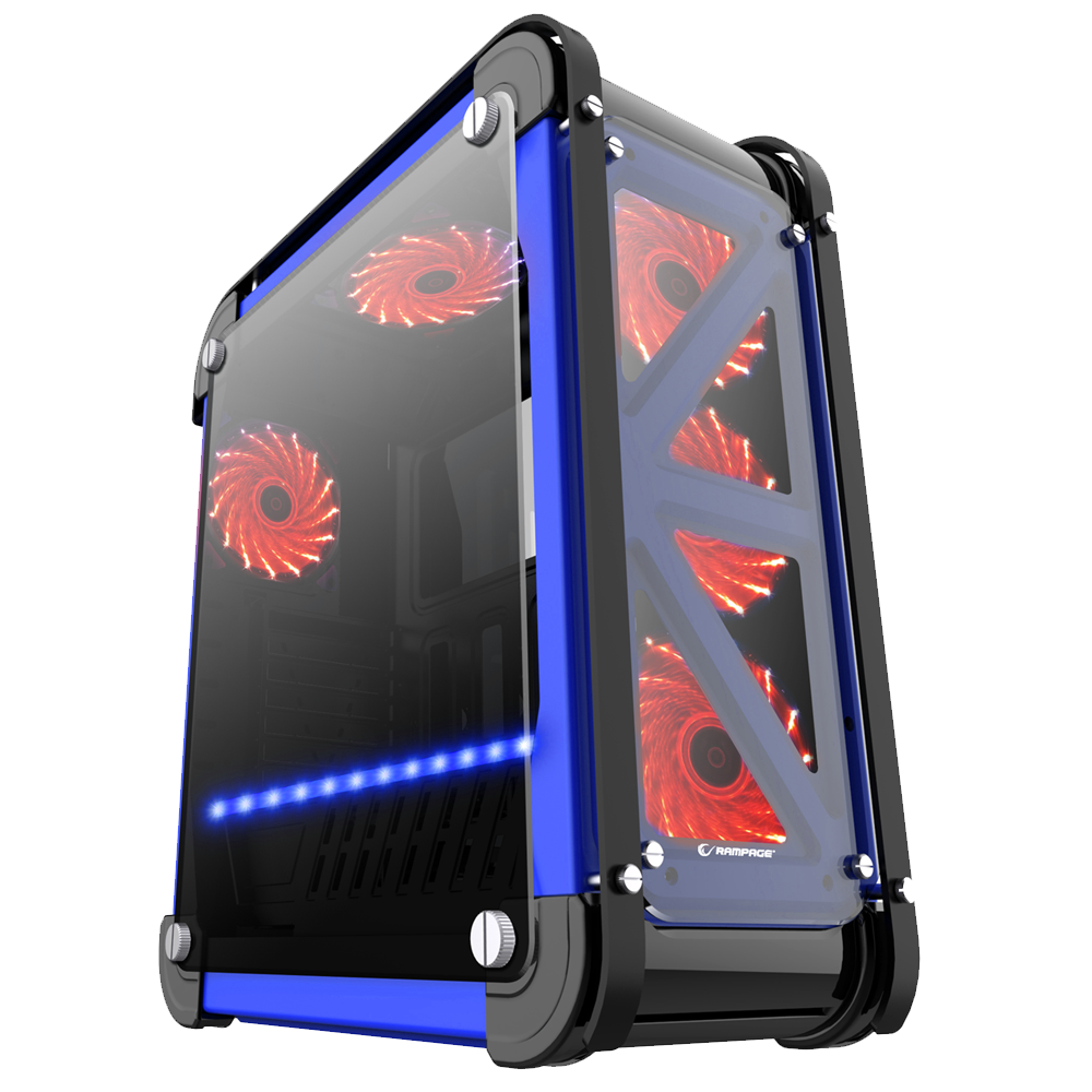 CASTLE Siyah/Mavi 4*12cm RGB Fan 2*Usb3.0 + Kart Okuyucu + Led Şeritli Temper Glass Çelik Gövdeli Oyuncu Kasa - Rampage