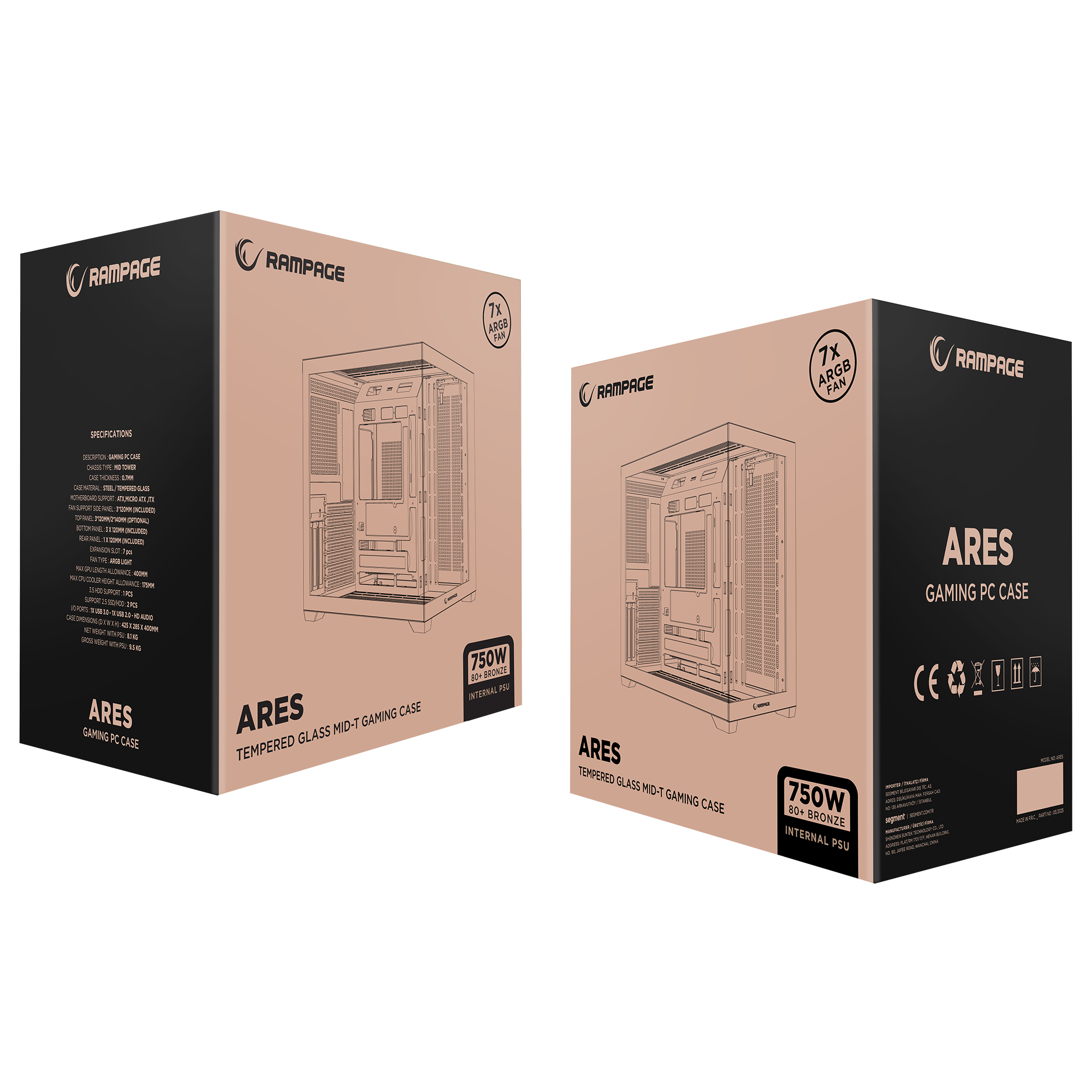 750W 80 Plus Bronze Temperli Camlı 7x12cm ARGB Fan ATX Mid-T Oyuncu Kasası