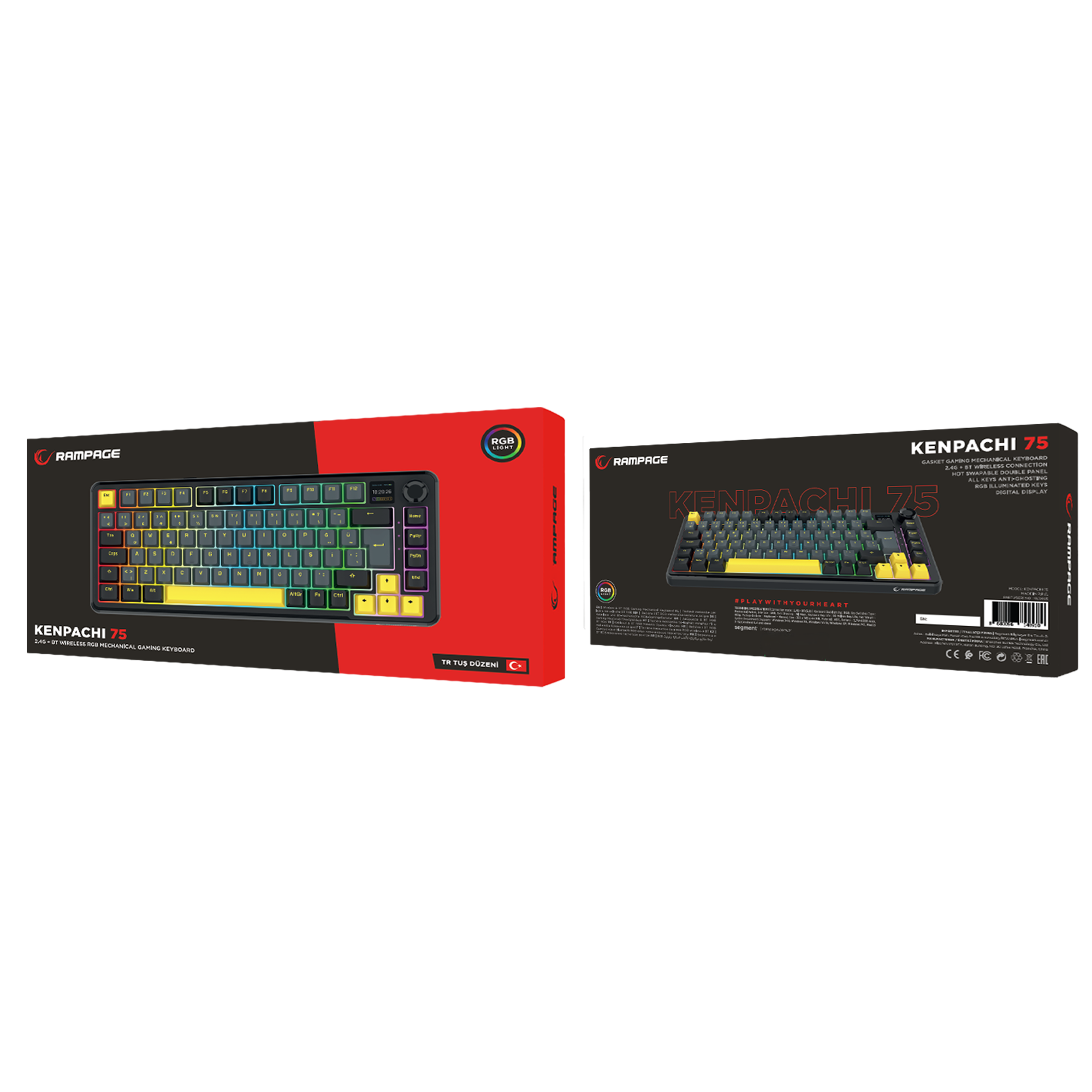KENPACHI 75 - Hot Swap Gasket Oil Switch Ekranlı 2.4G + BT Wireless RGB Türkçe - Siyah/Gri/Sarı