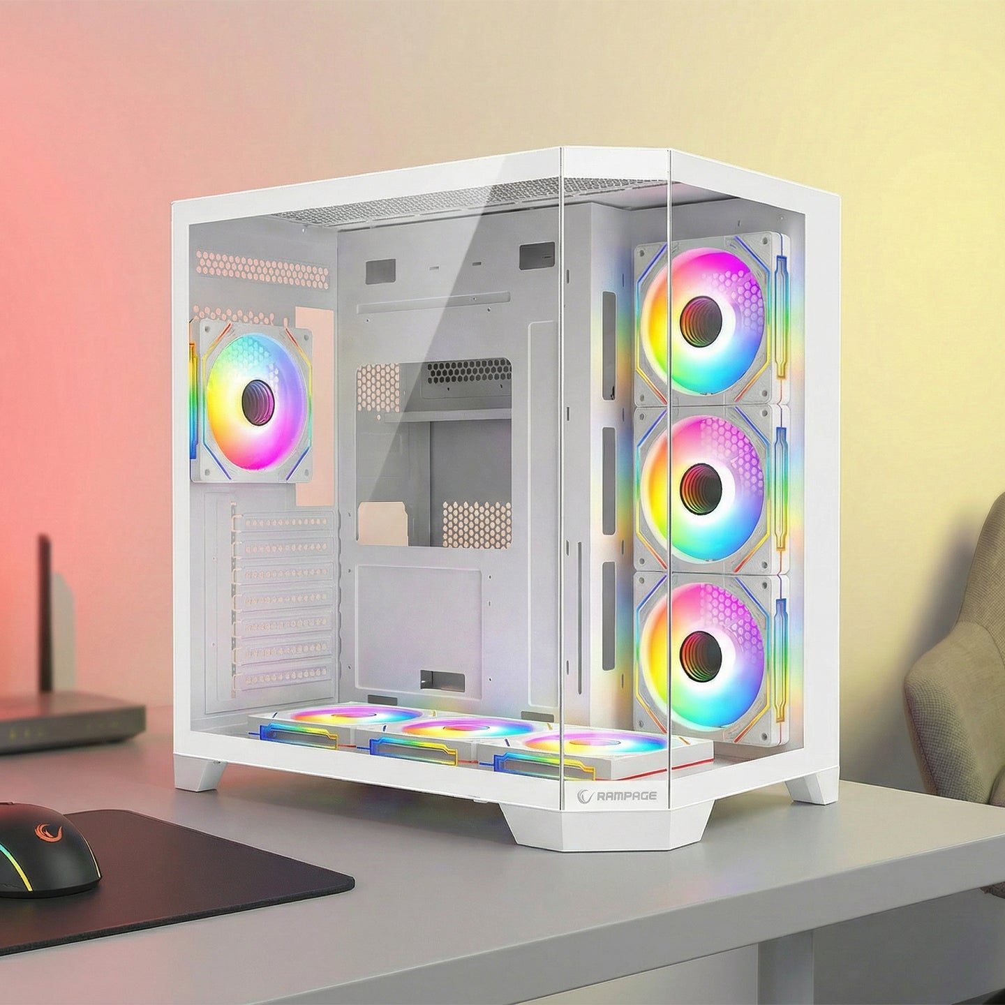 850W 80 Plus Bronze 3 Taraf Temp. Camlı 7x12cm ARGB Fan+Kumanda Beyaz Oyuncu Kasası