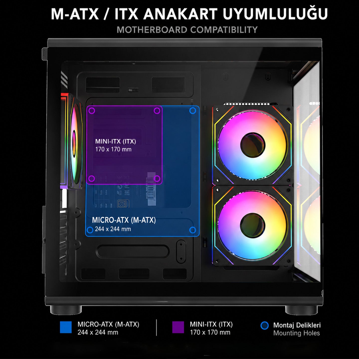 MINID V1 - 750W 80 Plus Bronze M-ATX Temperli Camlı 3x12cm ARGB Fan Siyah Oyuncu Kasası