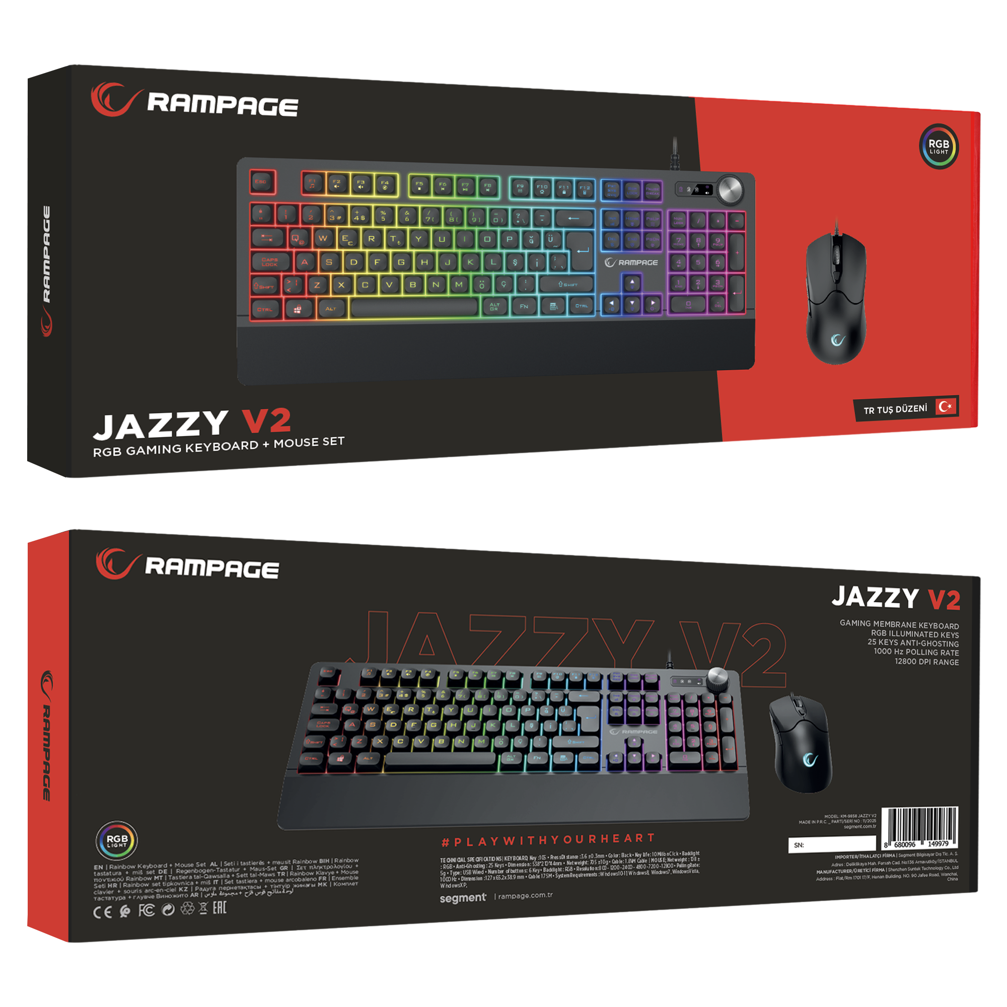 Km-9858 Jazzy V2 Siyah Usb RGB TR Q 12800 Dpi Oyuncu Klavye Mouse Set