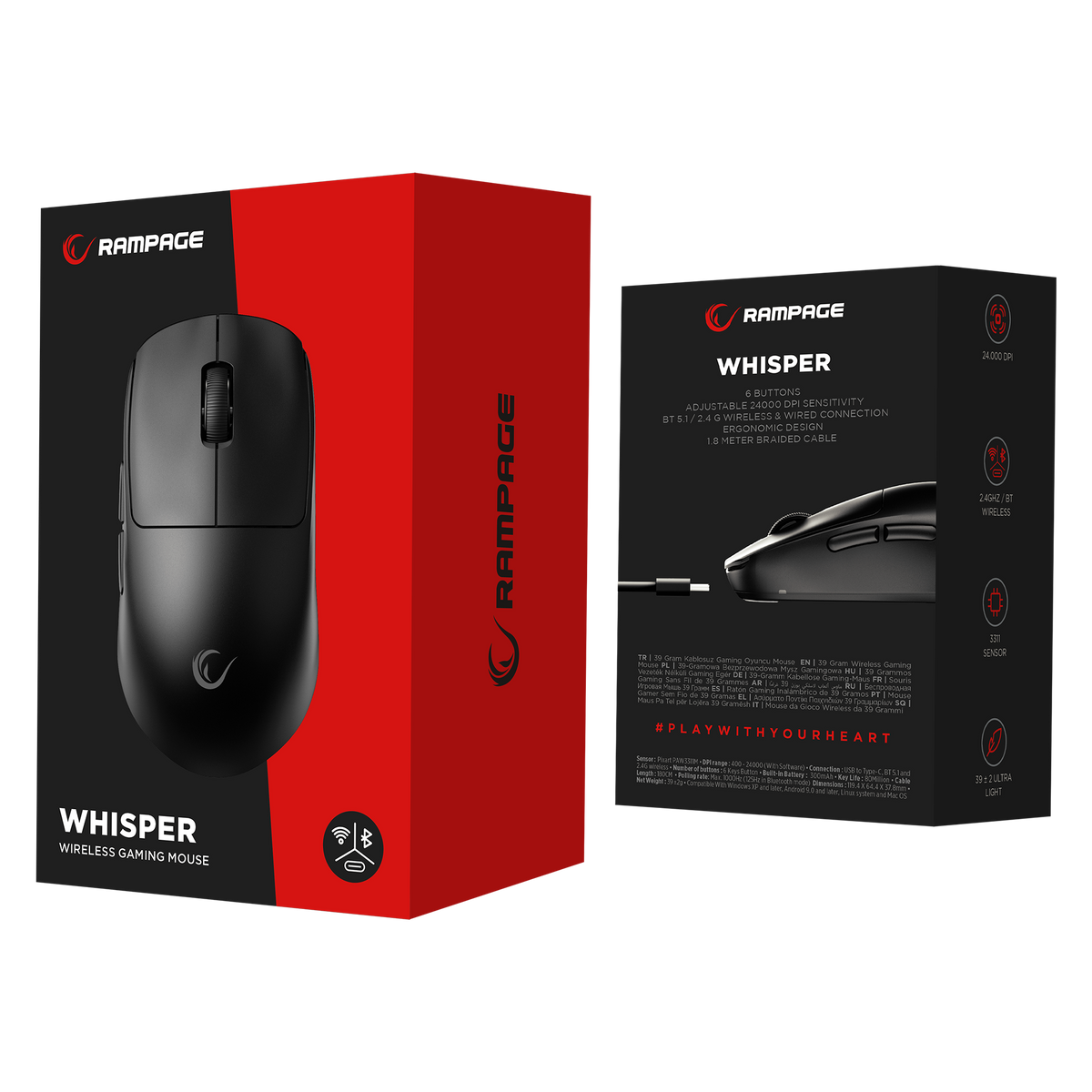 Kablosuz Siyah 24000 DPI 3311 Sensor Şarjlı 80 Million Huano Switch 39 Gram Gaming Oyuncu Mouse