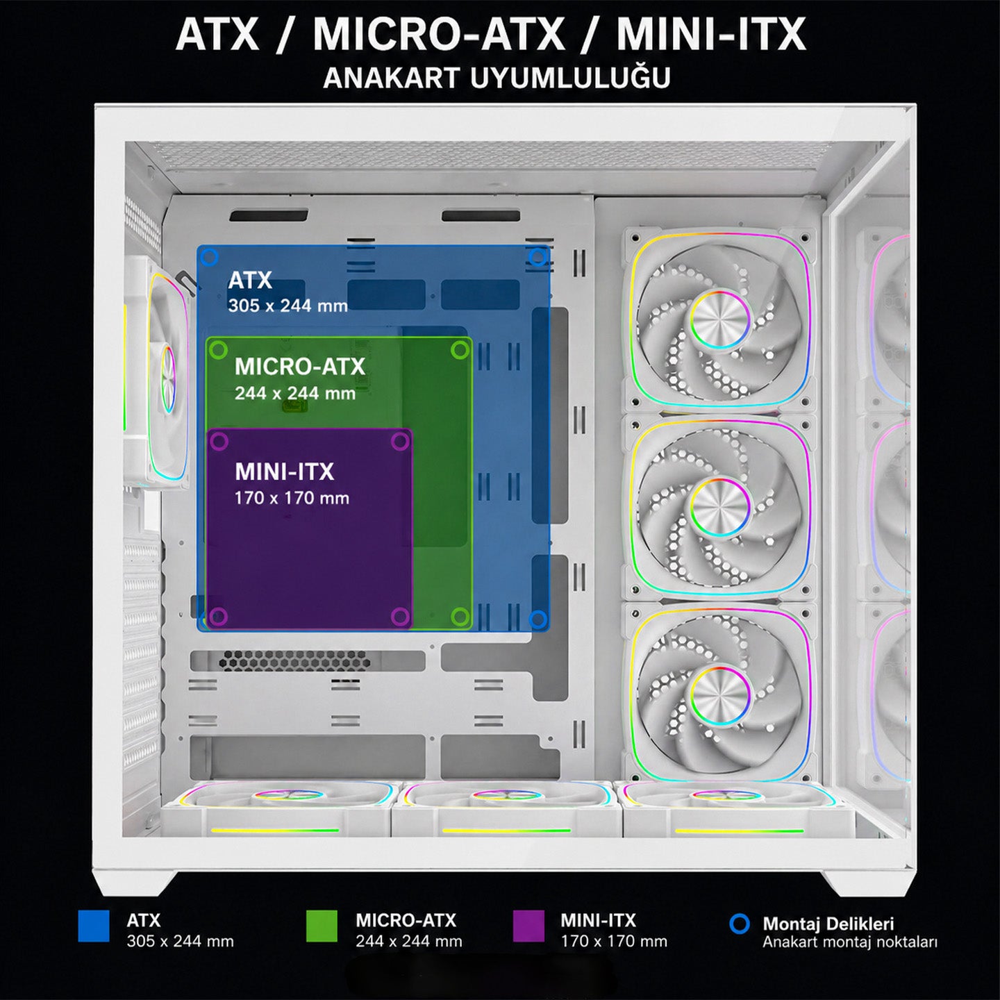 Beyaz 850W 80 Plus Bronze ATX/M-ATX 7x12cm ARGB Pwm Fan+Kumanda Oyuncu Kasası