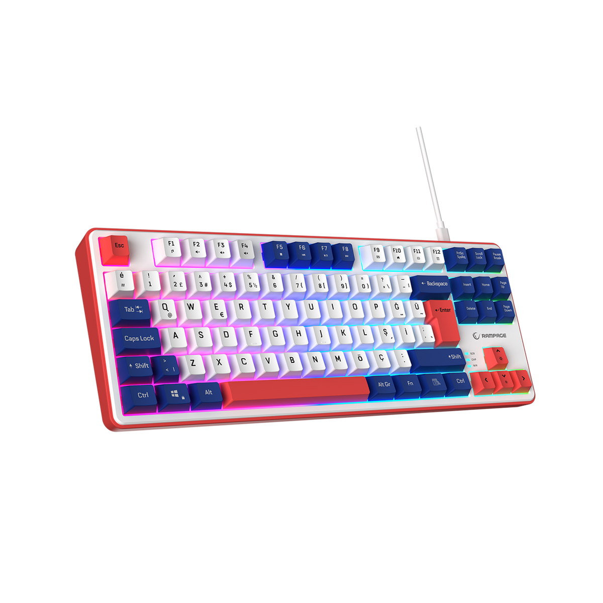 Clicky TKL Beyaz/Lacivert/Kırmızı Mekanik Hisli Rainbow Q Membrane Oyuncu Klavyesi