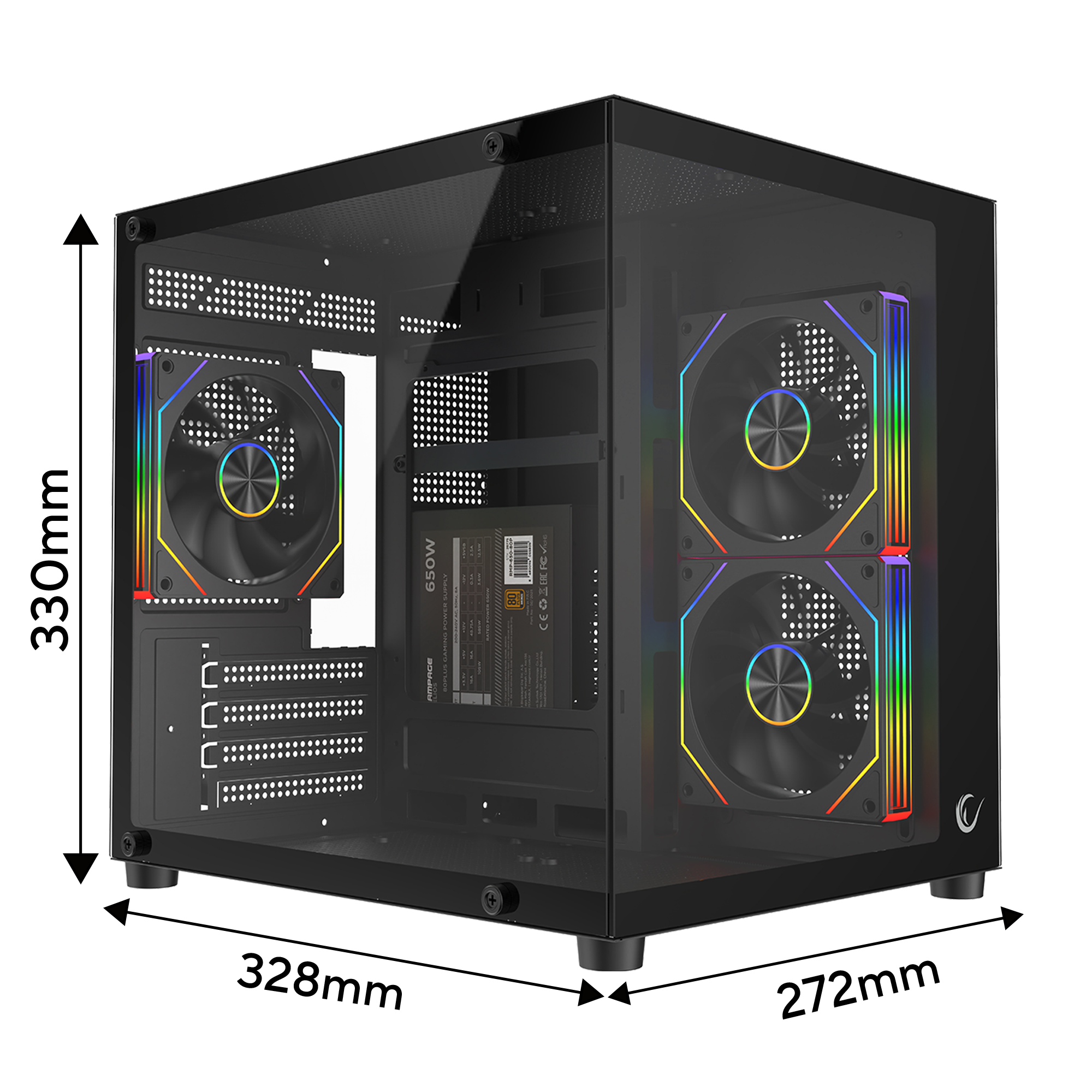 LUMID V2 - 650W 80 Plus Bronze M-ATX Temperli Camlı 3*12cm ARGB Fan Siyah Oyuncu Kasası