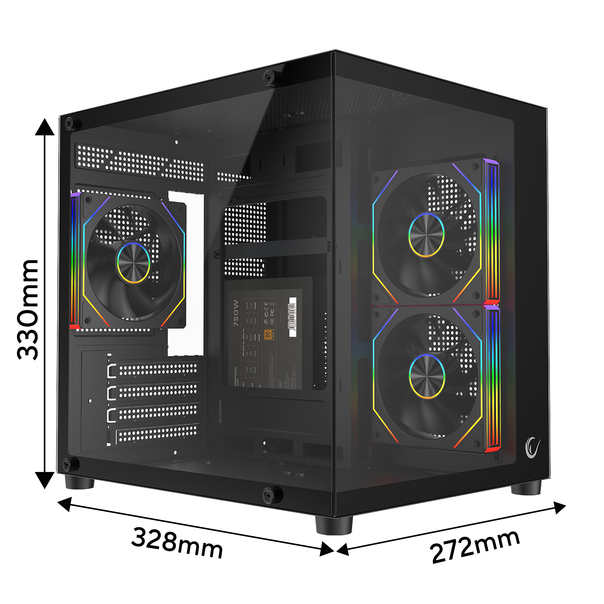 LUMID - 750W 80 Plus Bronze M-ATX Temperli Camlı 3*12cm ARGB Fan Siyah Oyuncu Kasası