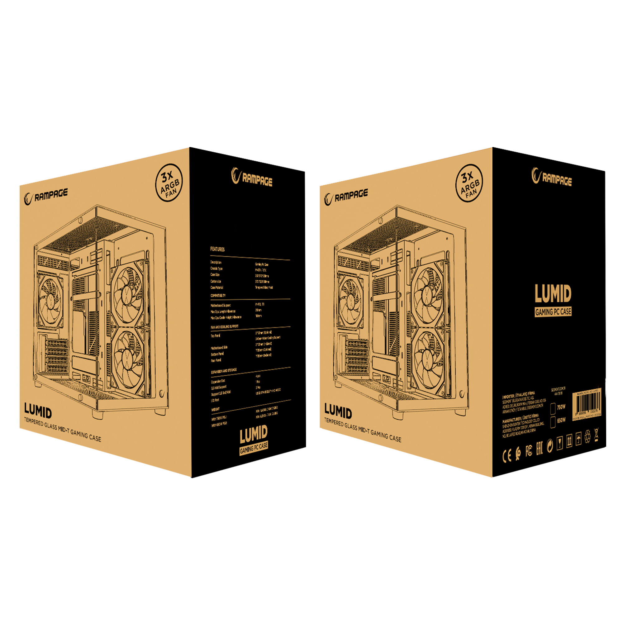 LUMID - 750W 80 Plus Bronze M-ATX Temperli Camlı 3*12cm ARGB Fan Siyah Oyuncu Kasası