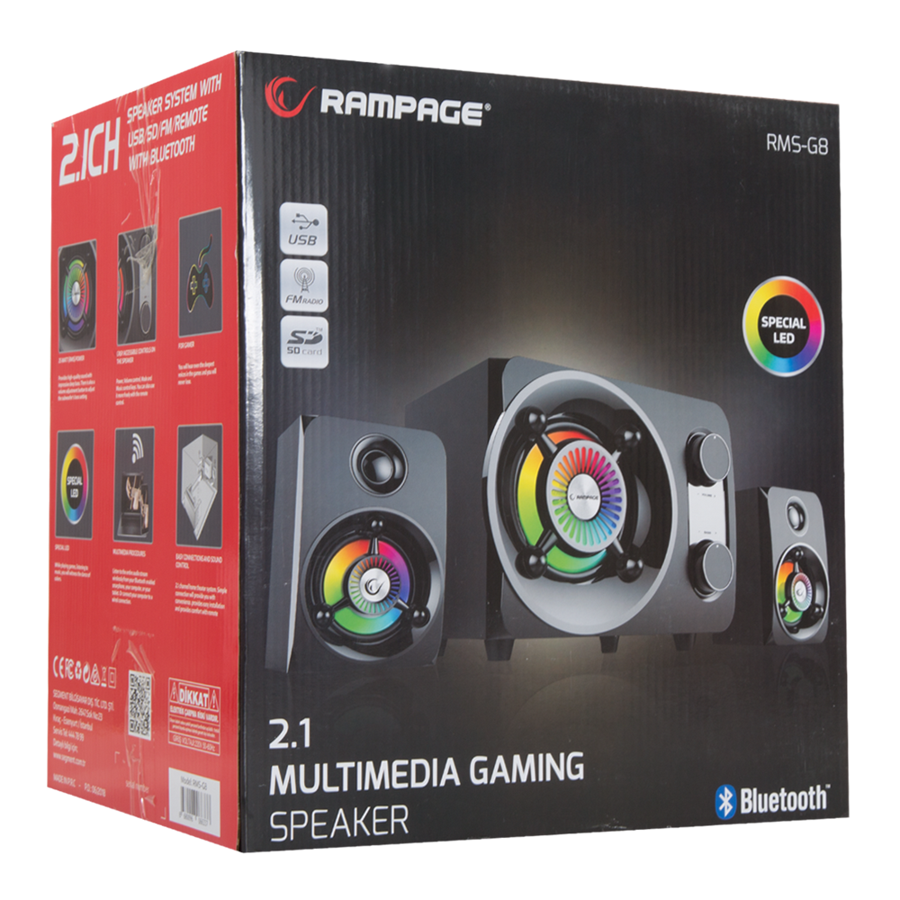 RMS-G8 Antares 2+1 25W Bluetooth+USB-SD-FM Rainbow Siyah Led Işıklı Gaming Speaker Hoparlör - Rampage