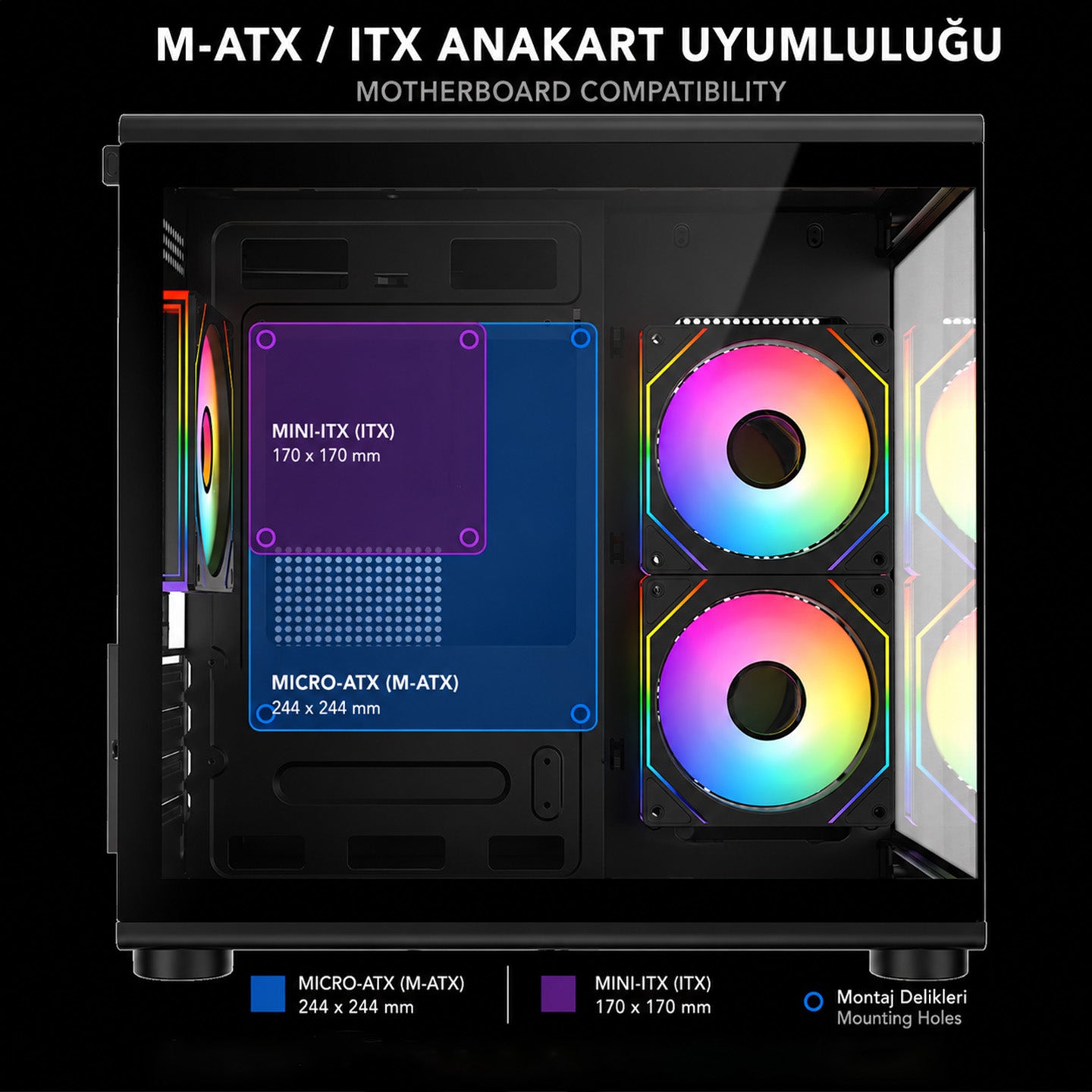MINID V1 - M-ATX Temperli Camlı 3*12cm ARGB Fan Siyah Oyuncu Kasası