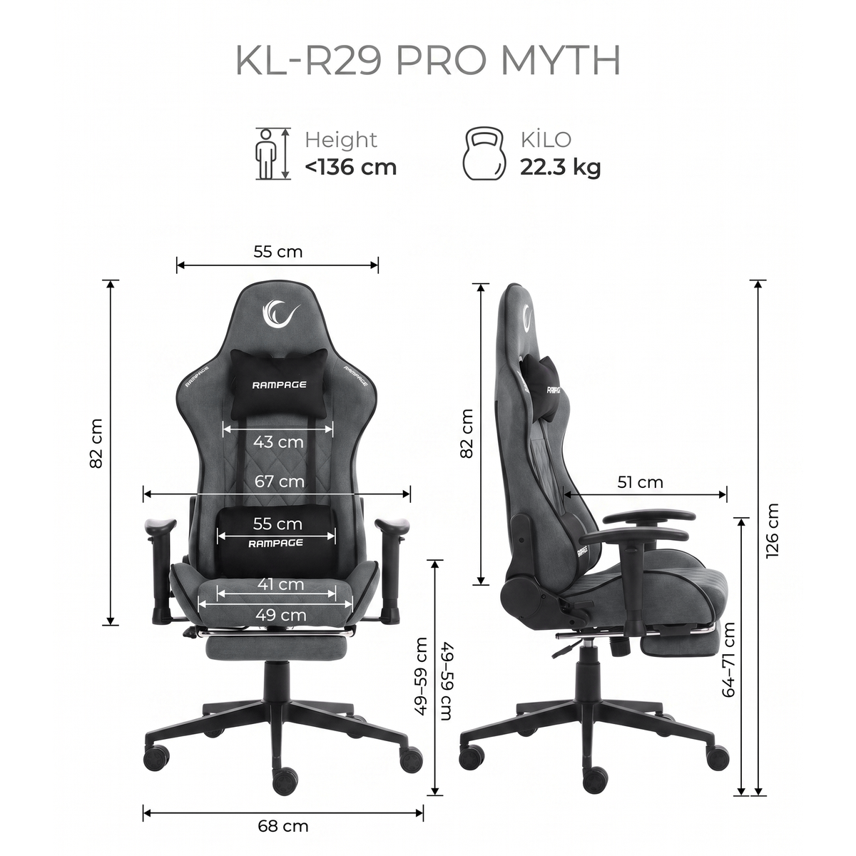 KL-R29 - Myth Pro Üst Seviye Terletmez Kumaş Gri Gaming Oyuncu Koltuğu