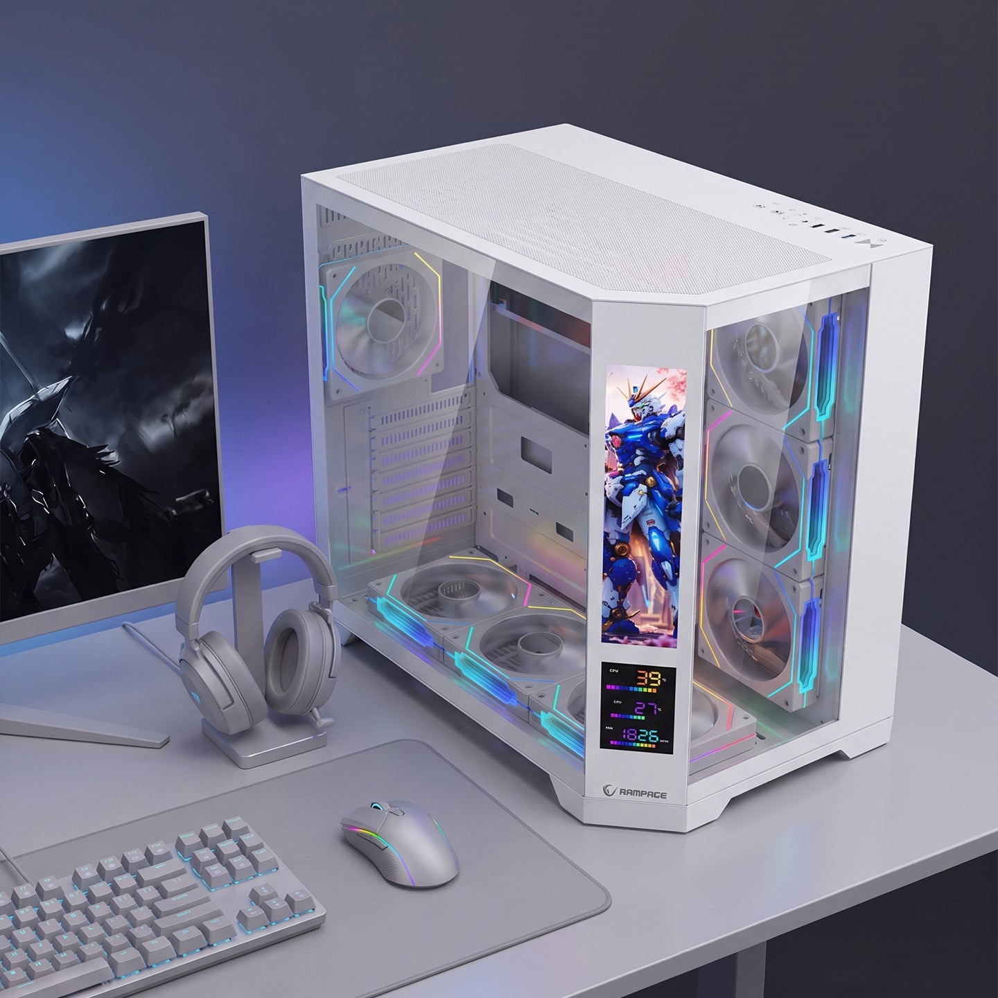 NOVA V2 9.16'' Lcd Ekranlı Hub+Kumanda Beyaz 7x12cm ARGB Pwm Fan Gaming Oyuncu Kasası