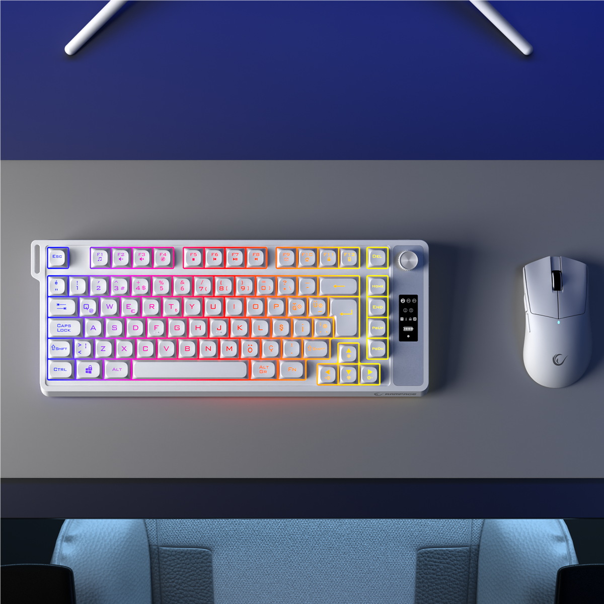 KB-R93 - Beyaz 2.4G + BT Wireless RGB Aydınlatmalı Q 82 Membrane Gaming Oyuncu Klavye