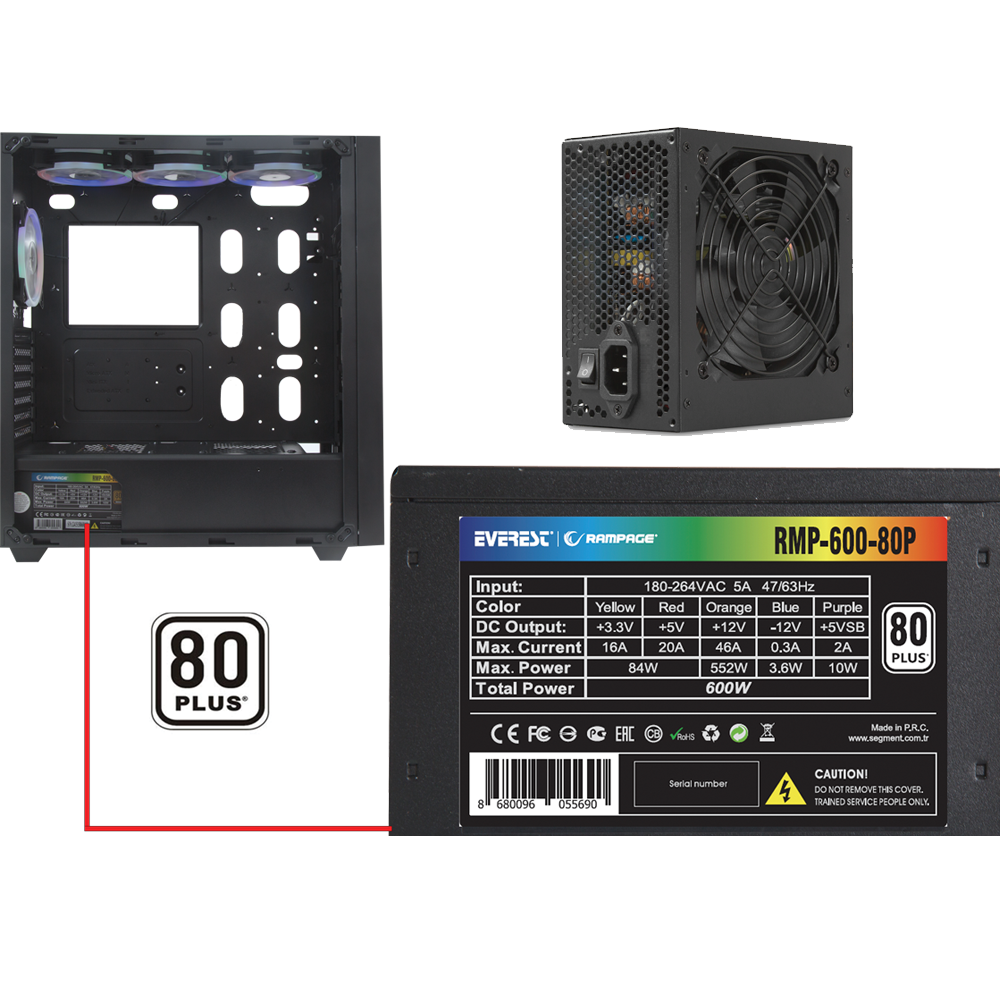 ALPHA-X A Adet ARGB Fanlı 600W 80 Plus Bronze RGB Led Şerit 1*Usb 3.0 2*Usb 2.0 Oyuncu Kasası - Rampage