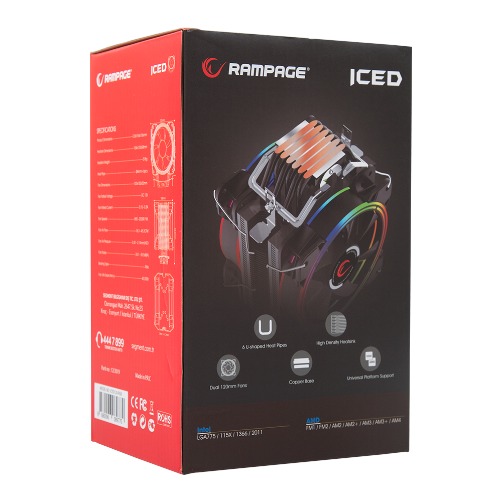 ICED120-RGB 42.5CFM 2000RPM Çift 12cm AMD/Intel LGA1200 Uyumlu S-RGB Hava Soğutmalı CPU Fan - Rampage