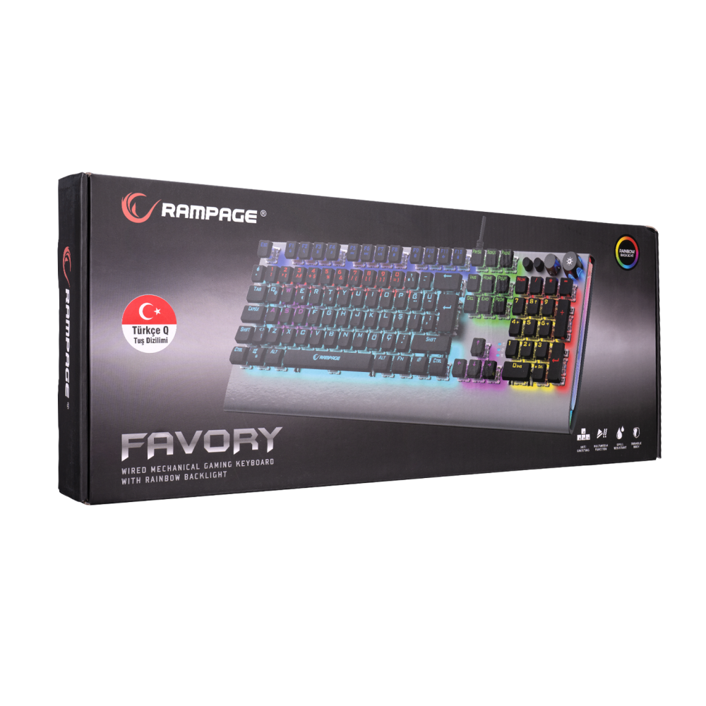 KB-R210 FAVORY Rainbow Aydınlatmalı Kristal Blue Switch Mekanik Gaming Oyuncu Klavyesi - Rampage