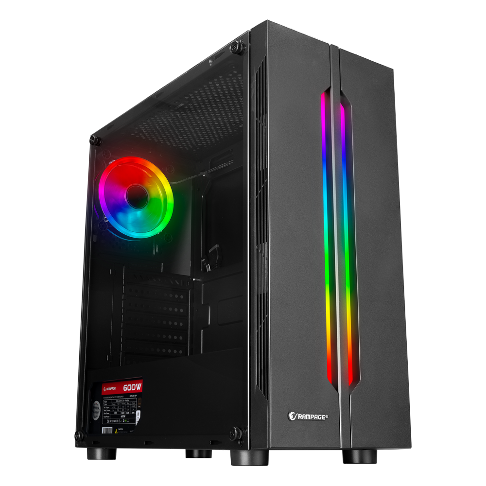 SPECTRA Tempered Glass 600W 80Plus Rainbow Fan ve Ledli 1*Usb 3.0 + 2* Usb 2.0 Gaming Kasa - Rampage