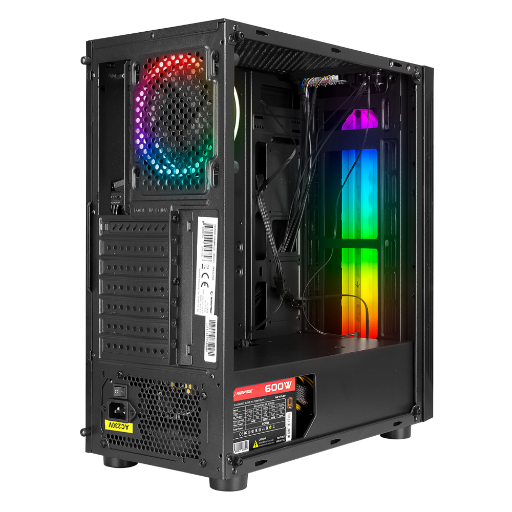 SPECTRA Tempered Glass 600W 80Plus Rainbow Fan ve Ledli 1*Usb 3.0 + 2* Usb 2.0 Gaming Kasa - Rampage