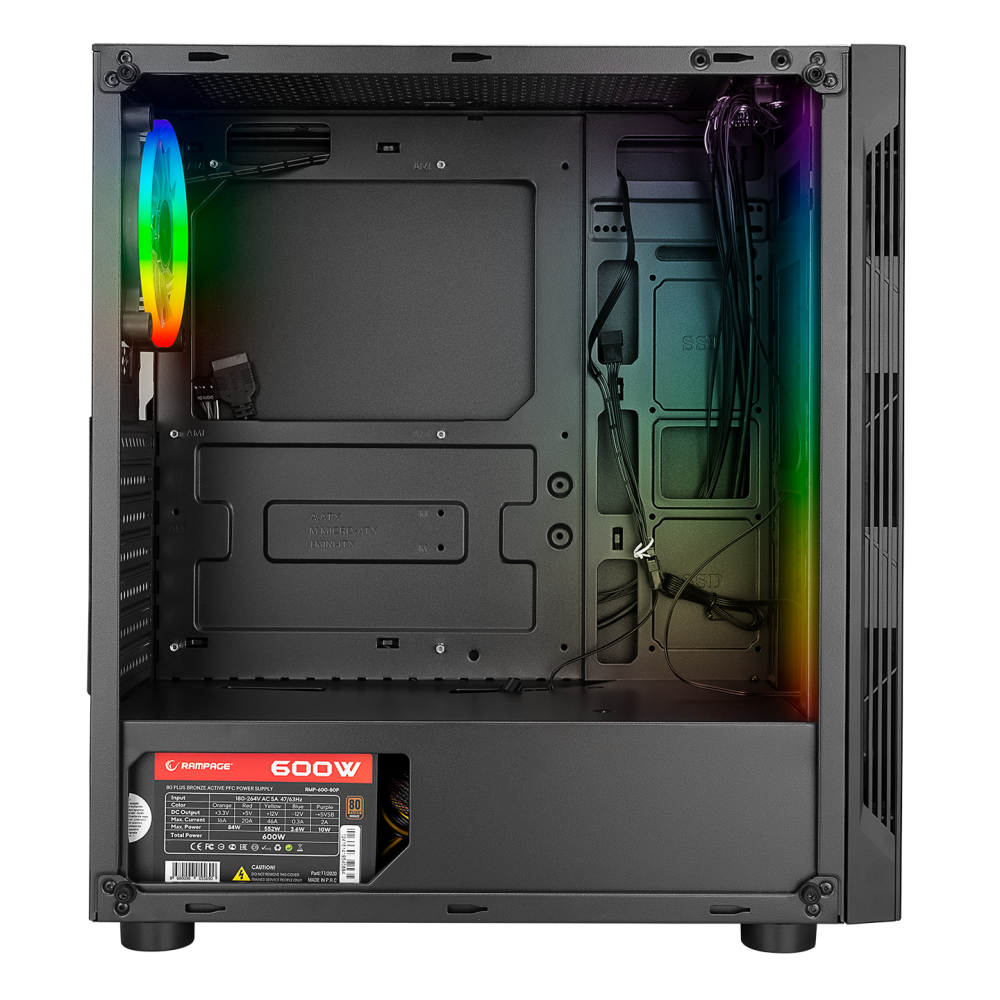 SPECTRA Tempered Glass 600W 80Plus Rainbow Fan ve Ledli 1*Usb 3.0 + 2* Usb 2.0 Gaming Kasa - Rampage