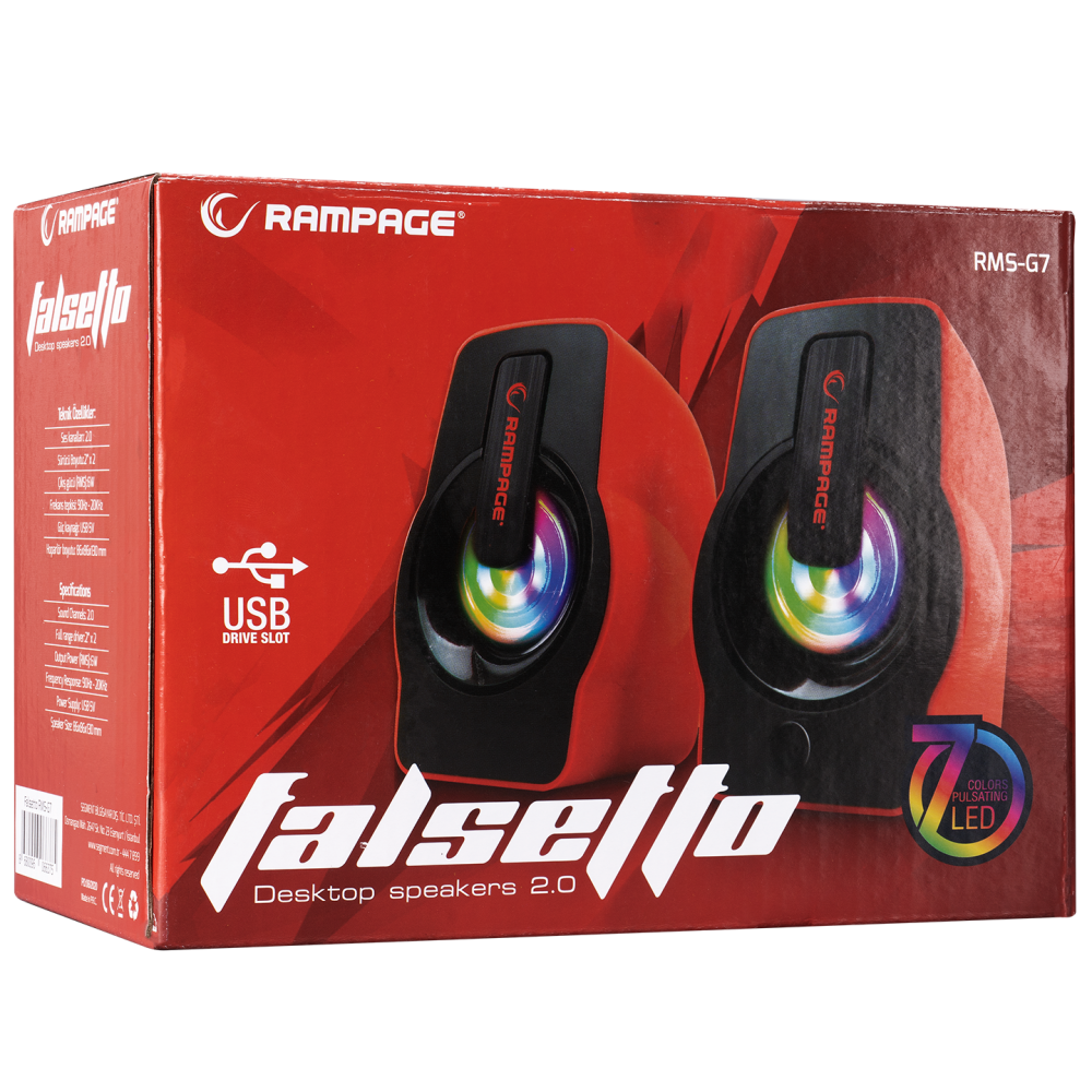 RMS-G7 FALSETTO 2.0 6 Watt RGB Ledli Kırmızı Multimedia Gaming USB Speaker - Rampage