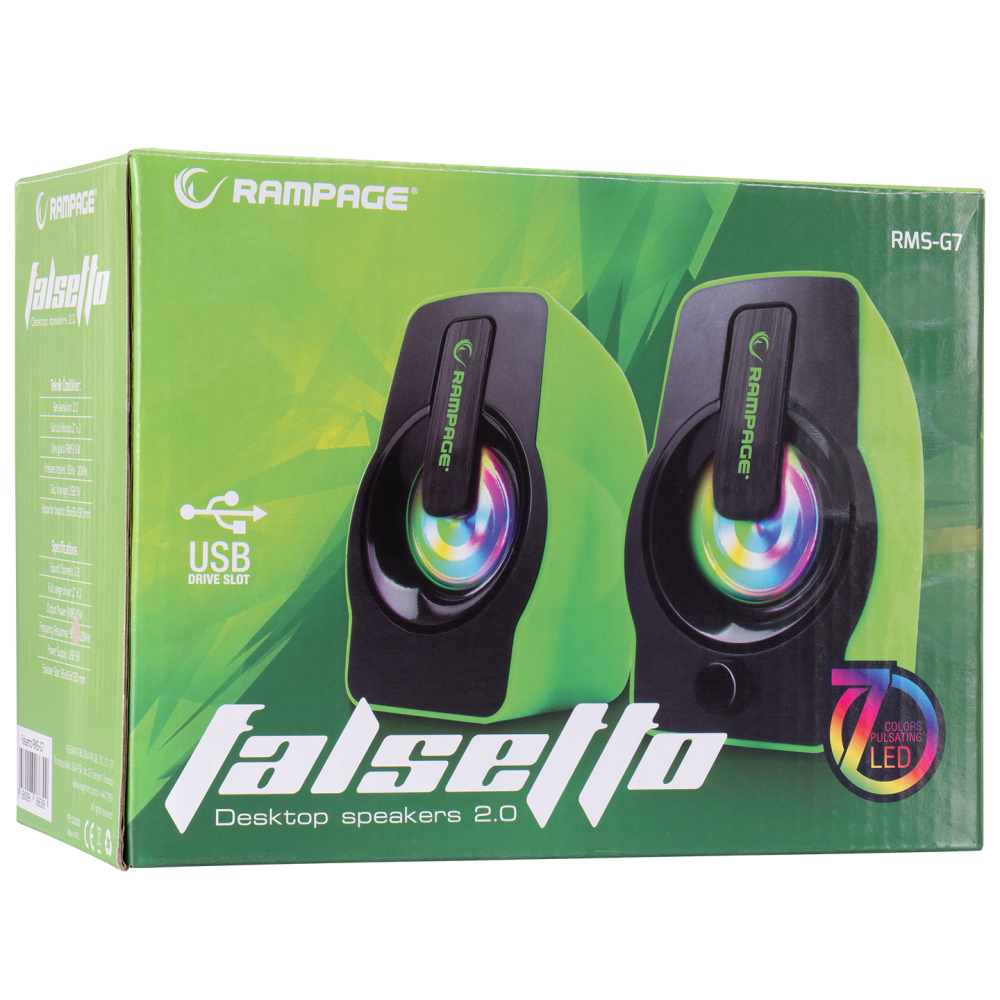 RMS-G7 FALSETTO 2.0 6 Watt RGB Ledli Yeşil Multimedia Gaming USB Speaker - Rampage