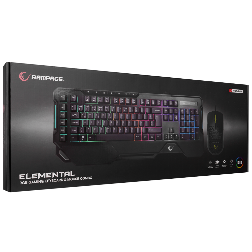 KM-R96 ELEMENTAL Siyah RGB Aydınlatmalı Q Oyuncu Multmedia Klavye ve 7200 dpi Mouse Gaming Set - Rampage