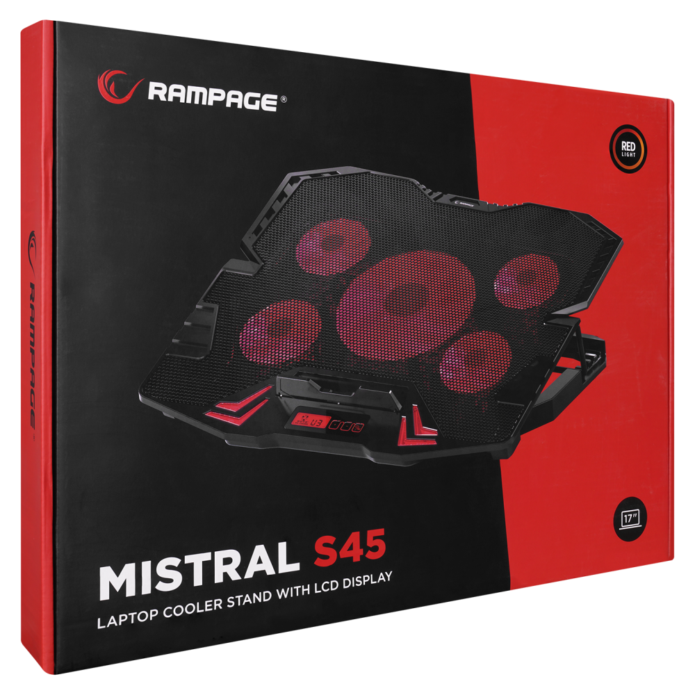 Mistral S45 Kırmızı Led lşıklı 5 Fanlı Yükseklik Ayarlı LCD Göstergeli Notebook Soğutucu - Rampage