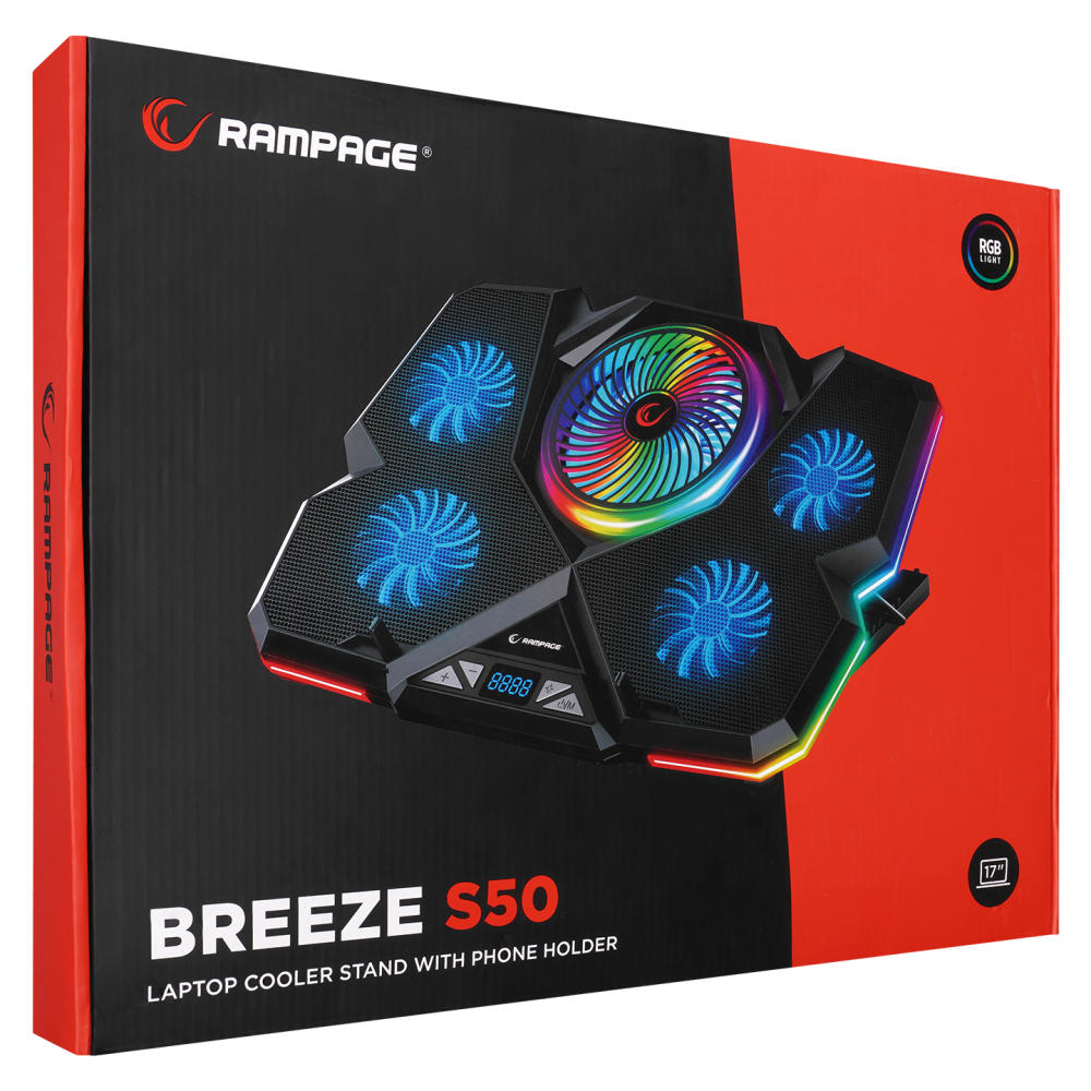 Breeze S50 Telefon Tutuculu 5 Fanlı RGB Işıklı Yükseklik Ayarlı LCD Göstergeli Notebook Soğutucu - Rampage